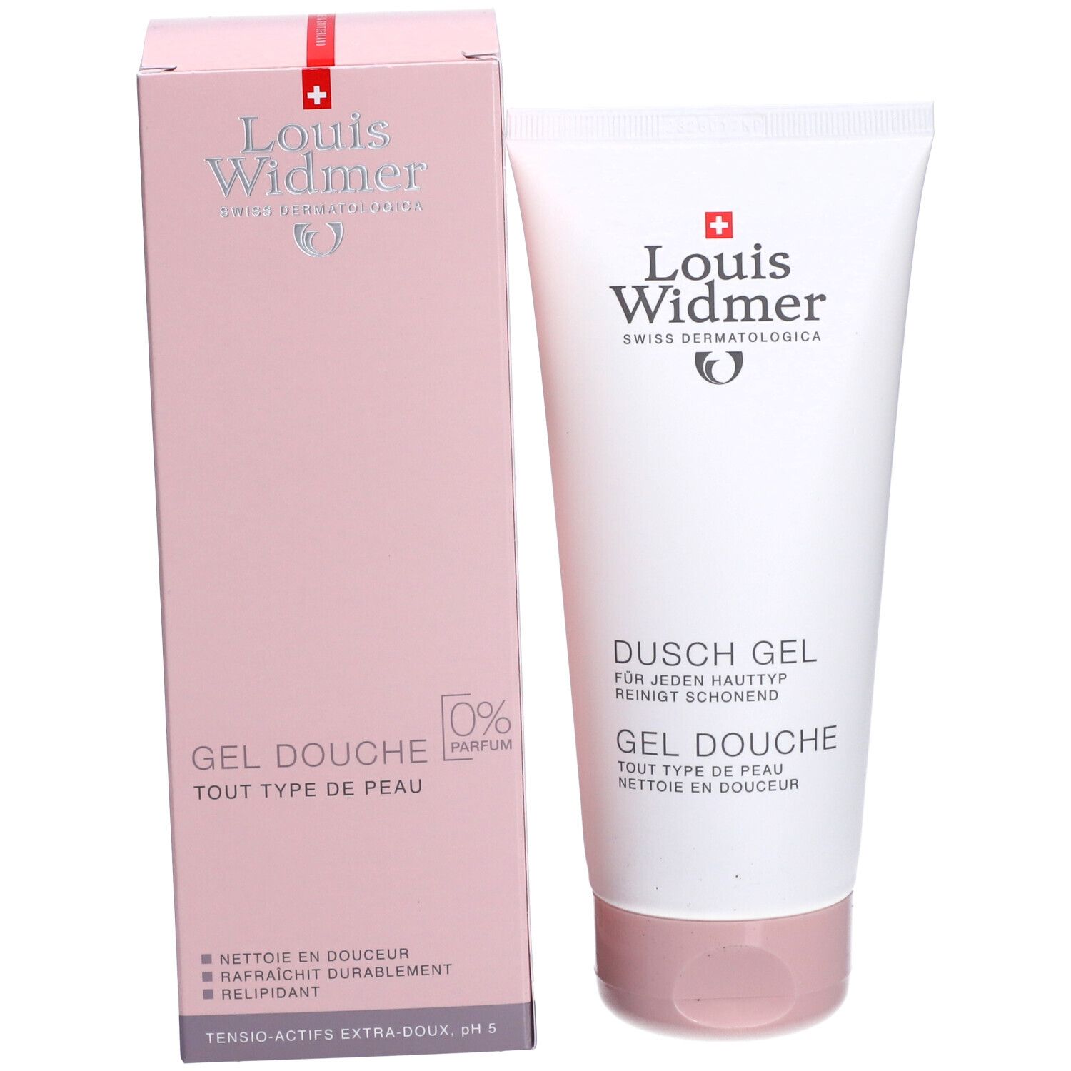 Emballage produit avec tube et carton. Inscription: Louis Widmer, Gel Douche, 0% parfum.