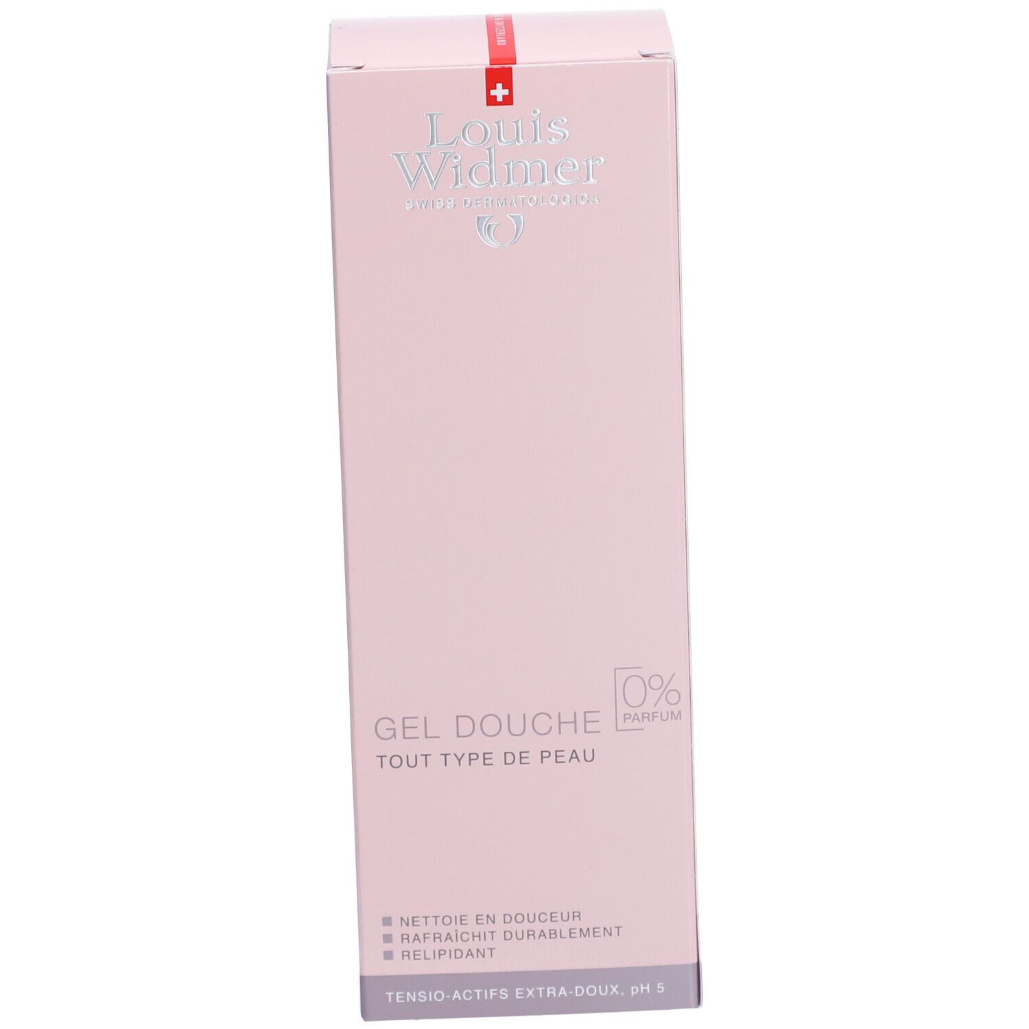 Emballage carton rose. Inscription: Louis Widmer, Gel Douche, 0% parfum, croix suisse.