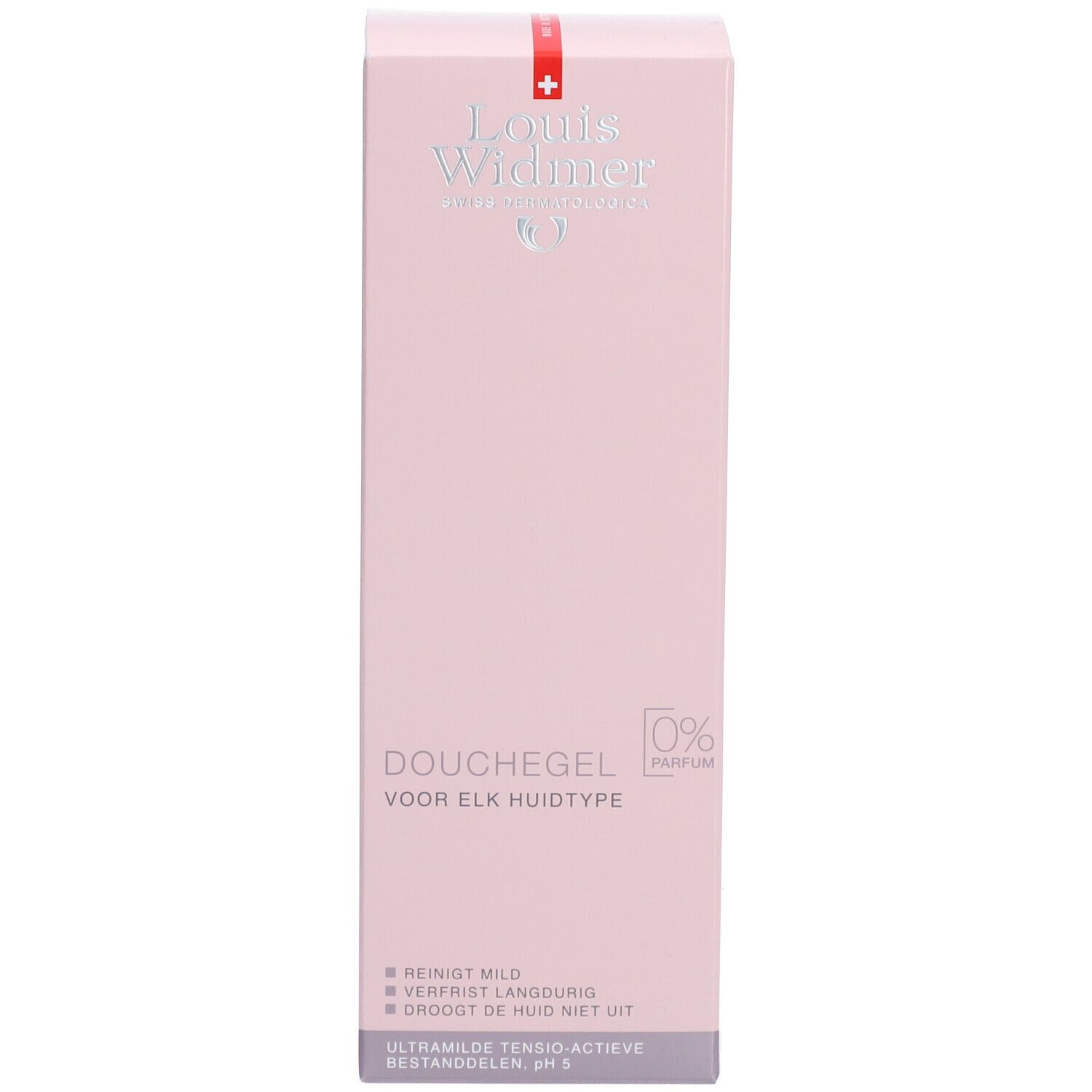 Emballage carton. Inscription: Louis Widmer, Douchegel, 0% parfum, pour chaque type de peau.
