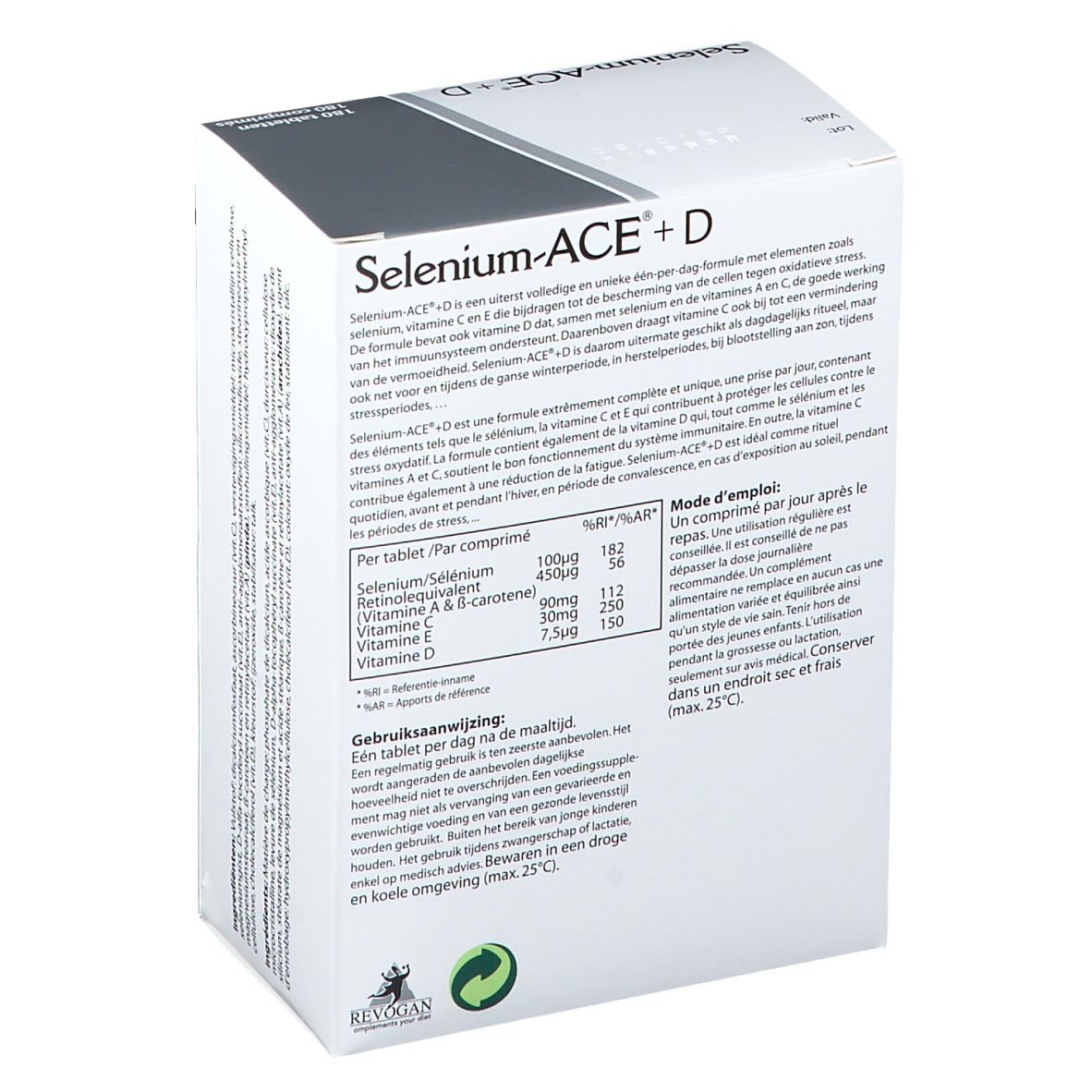 Dos de la boîte de Wassen® Selenium-ACE+D. Contient des informations sur les ingrédients et l'utilisation. Éco-labels verts.