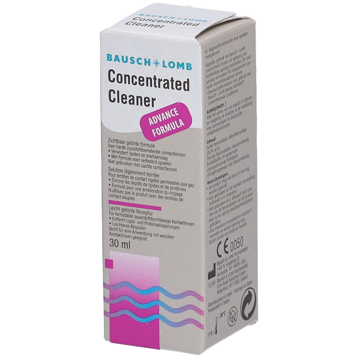 Productdoos met naam en logo. Bevat 30 ml. Roze accent. CE-markering.