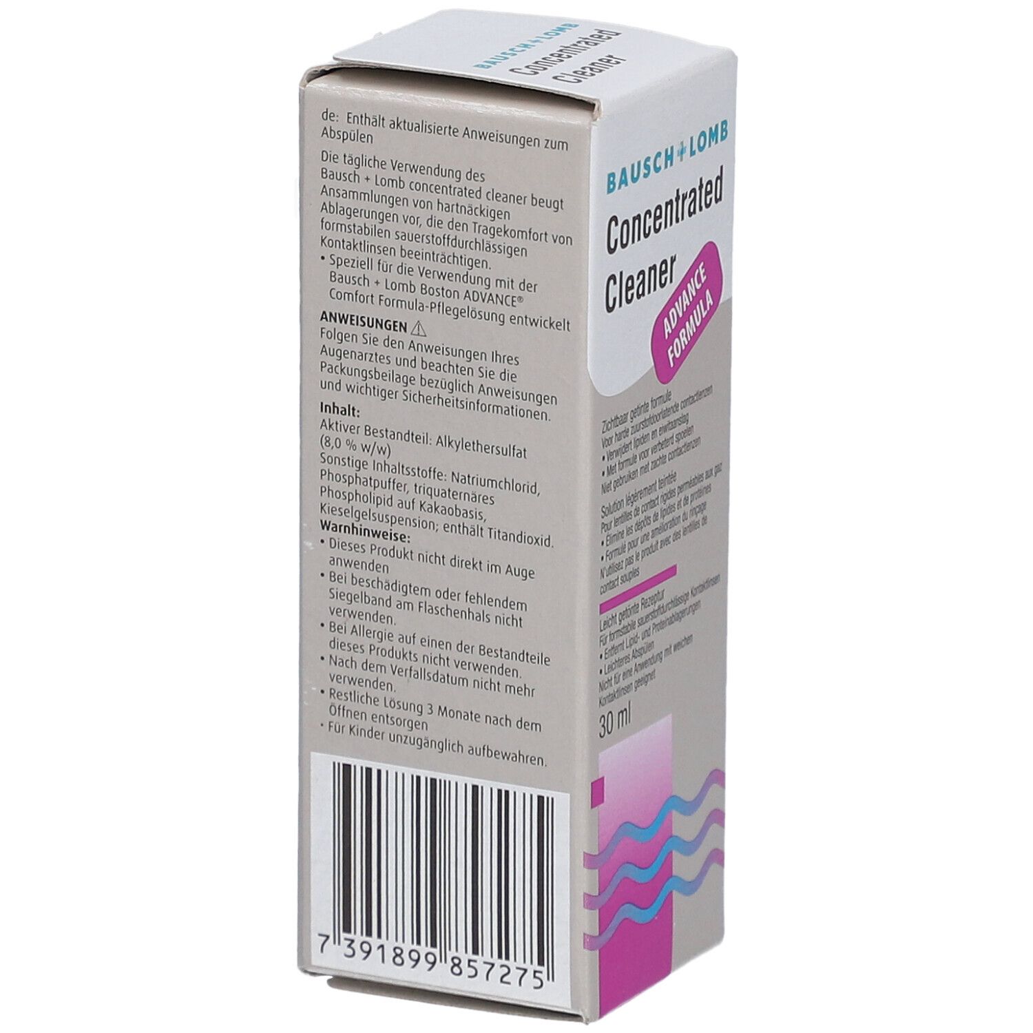Achterkant van de productverpakking. Bevat informatie over ingrediënten en gebruik. Barcode onderaan.