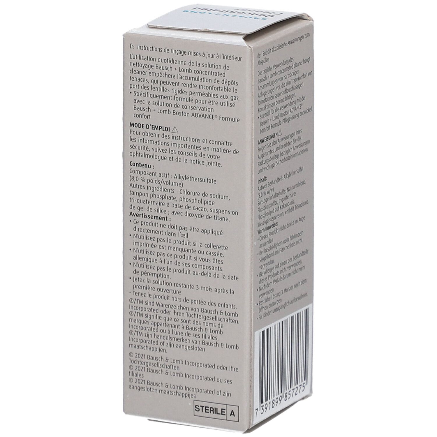 Zijaanzicht van de productverpakking. Tekstinformatie in meerdere talen. Steriel A-markering.