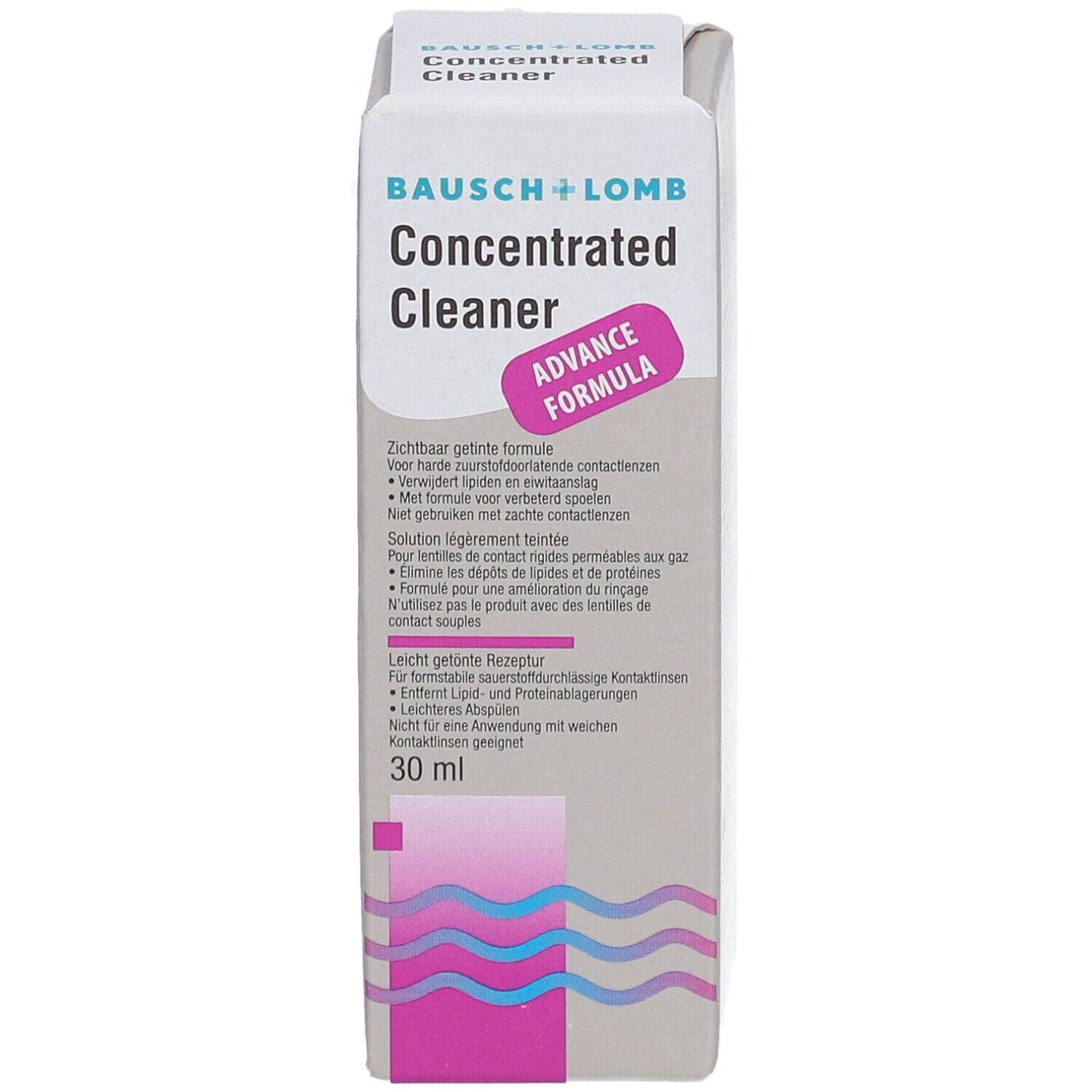 Vooraanzicht van de productverpakking. Productnaam en logo. Bevat 30 ml. Roze accent.