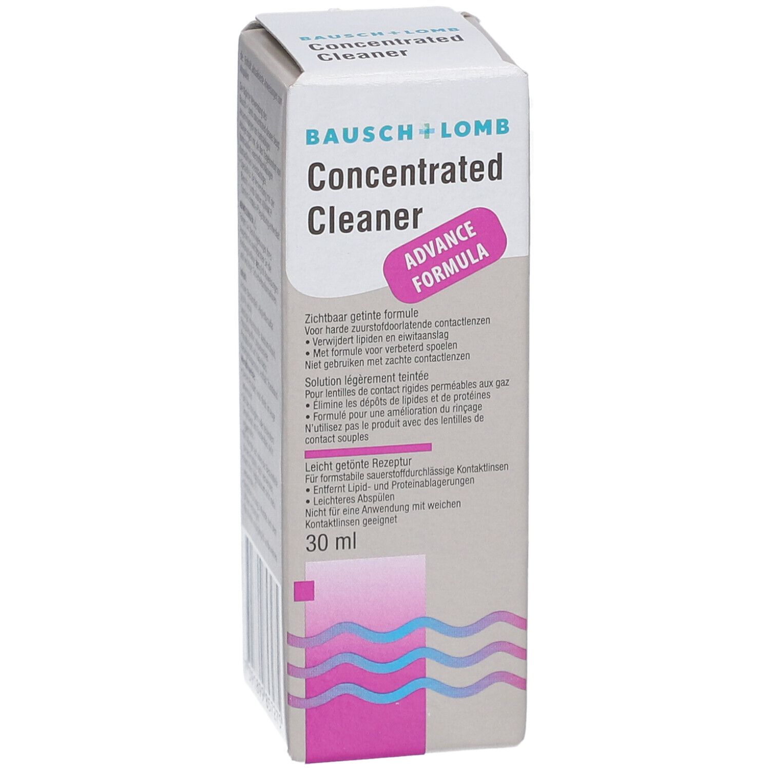 Vooraanzicht van de productverpakking. Productnaam en logo. Bevat 30 ml. Roze accent.