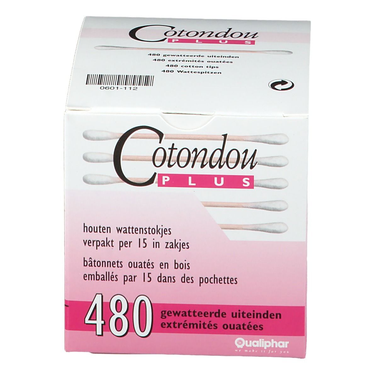 Boîte de Cotondou Plus. 480 cotons-tiges. Texte multilingue. Logo Qualiphar. Bouts ouatés.