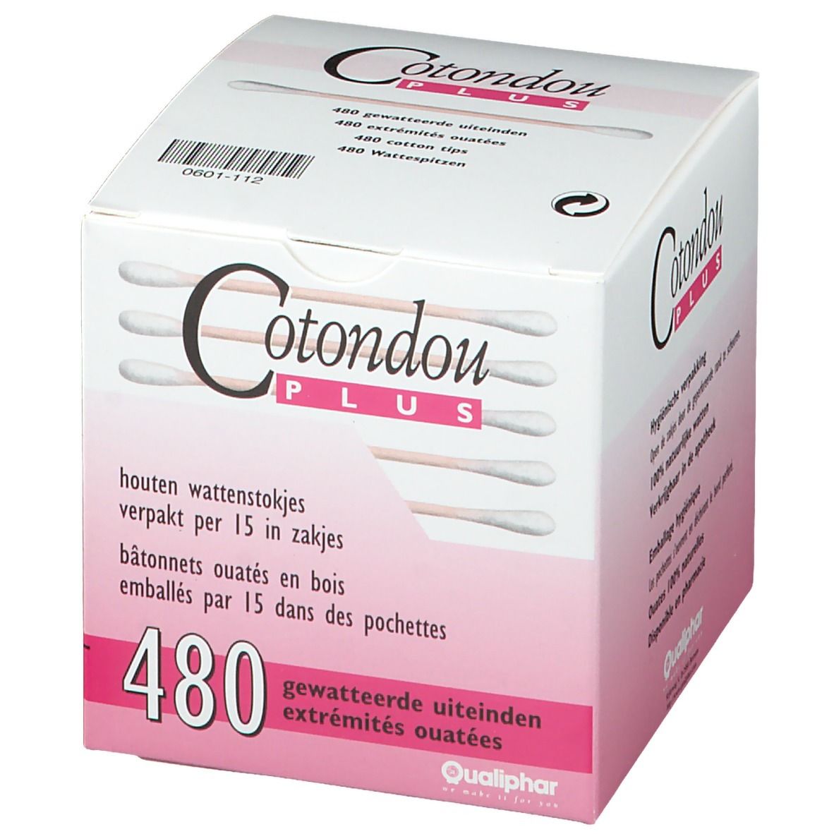 Boîte de Cotondou Plus. 480 cotons-tiges. Texte multilingue. Logo Qualiphar. Emballage hygiénique.