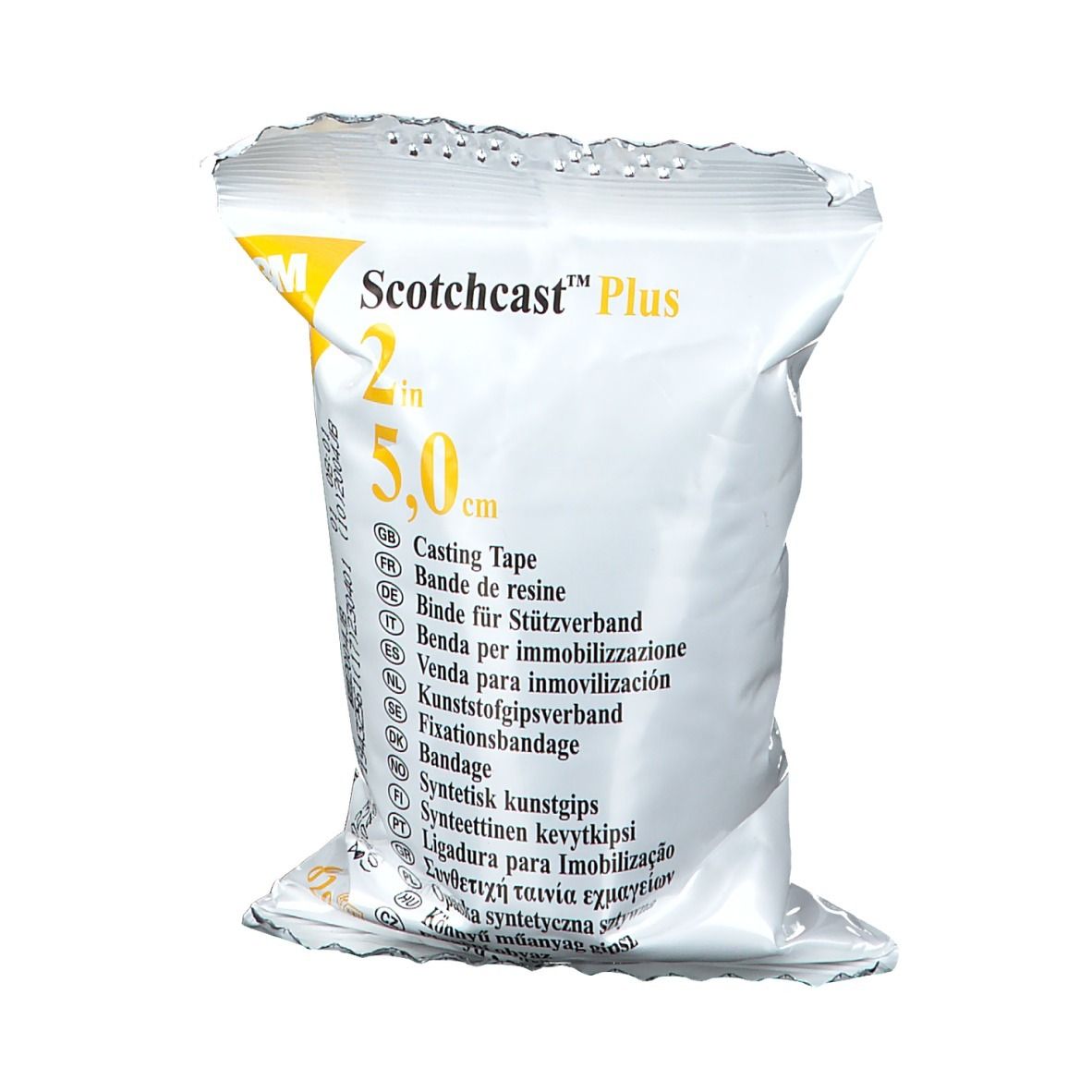Verpakking met productinformatie. Opschrift: Scotchcast Plus, 2 in, 5,0 cm. Meertalige lijst.