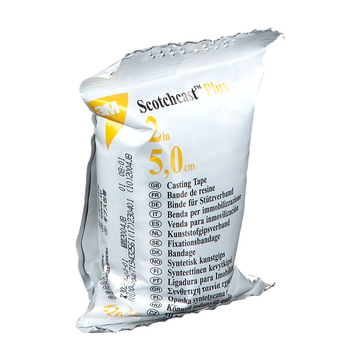 Verpakking met productinformatie. Opschrift: Scotchcast Plus, 2 in, 5,0 cm. Meertalige lijst.