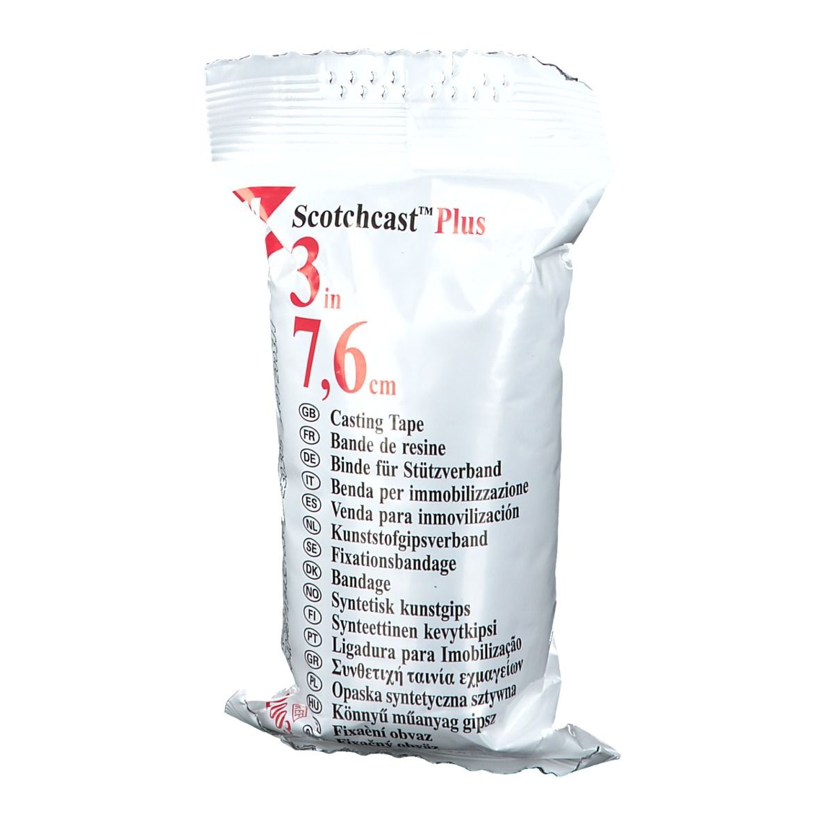 Emballage de 3M Scotchcast Plus. Inscription : 3 in, 7,6 cm. Descriptions multilingues du produit.
