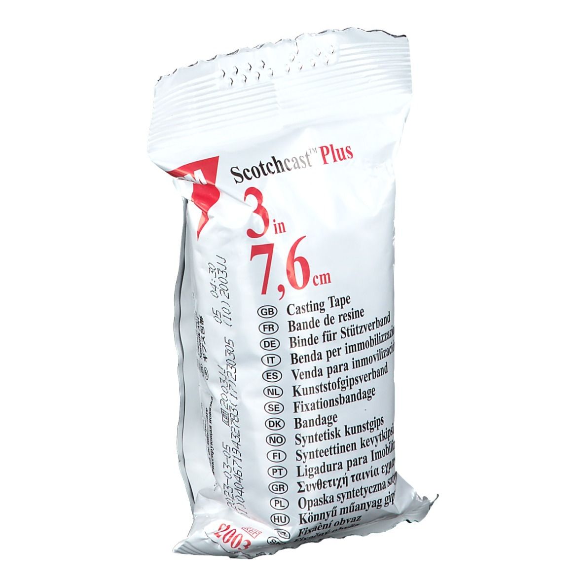 Emballage de 3M Scotchcast Plus. Inscription : 3 in, 7,6 cm. Descriptions multilingues. Tampon date.