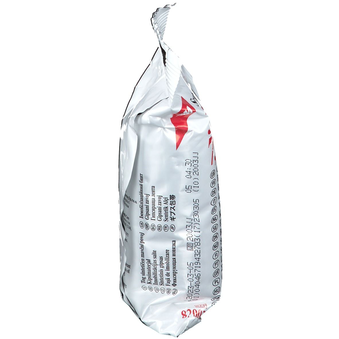 Vue latérale de l'emballage de 3M Scotchcast Plus. Descriptions multilingues. Tampon date.
