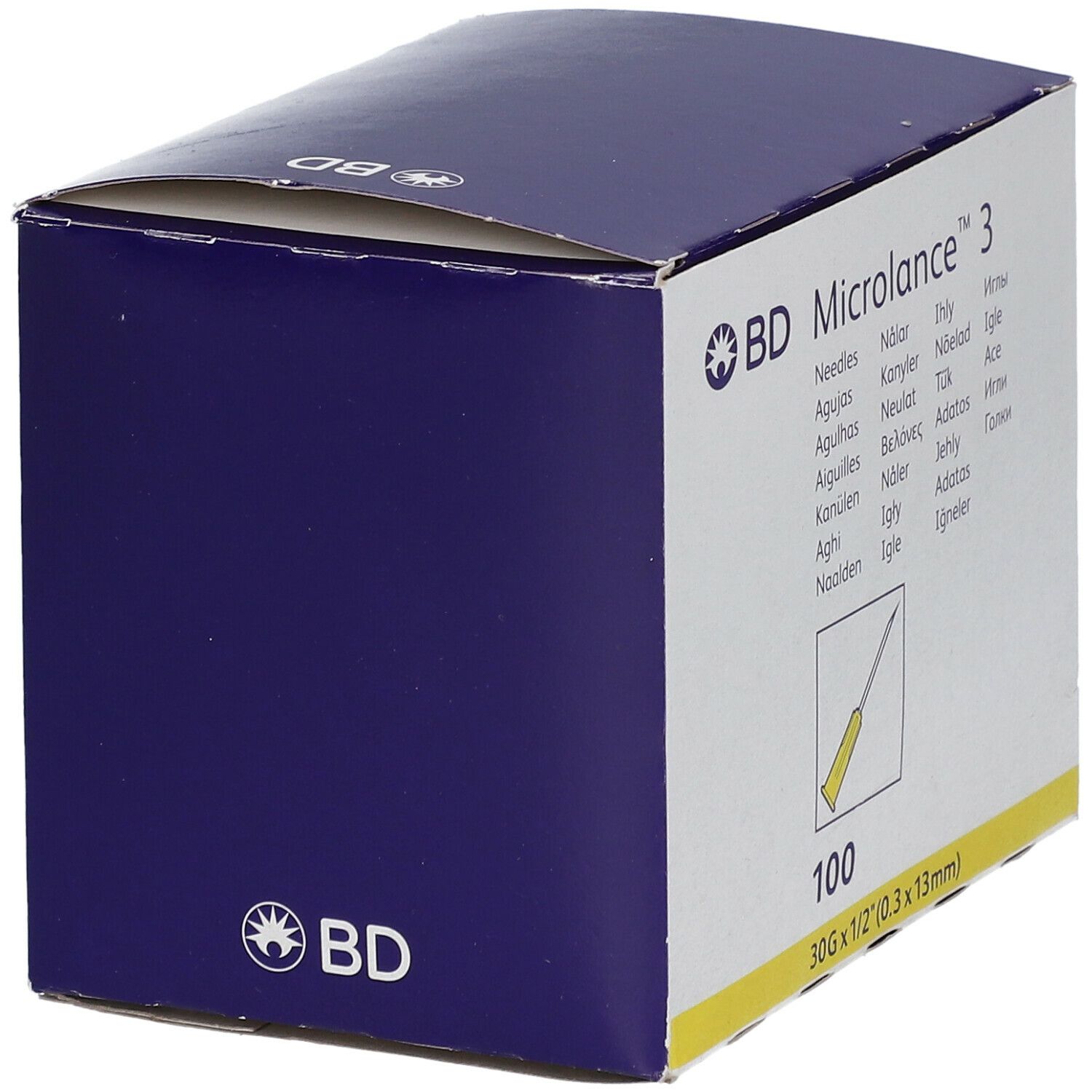 Blauer Karton mit BD Microlance 3. Gelbe Kanüle, 30G x 1/2" (0,3 x 13mm). Packung mit 100 Stück.