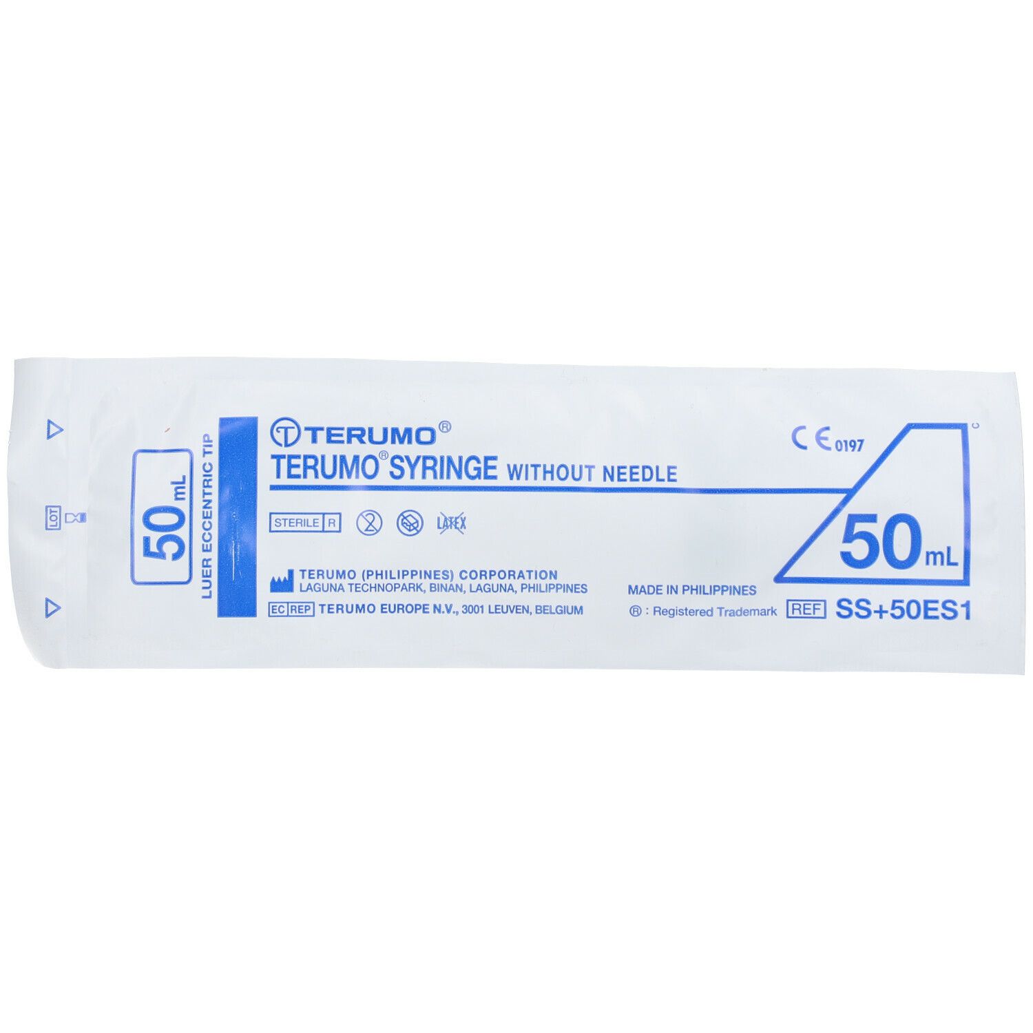 Emballage avec informations produit. Inscription : TERUMO SYRINGE WITHOUT NEEDLE. 50 ml. Luer eccentric tip.