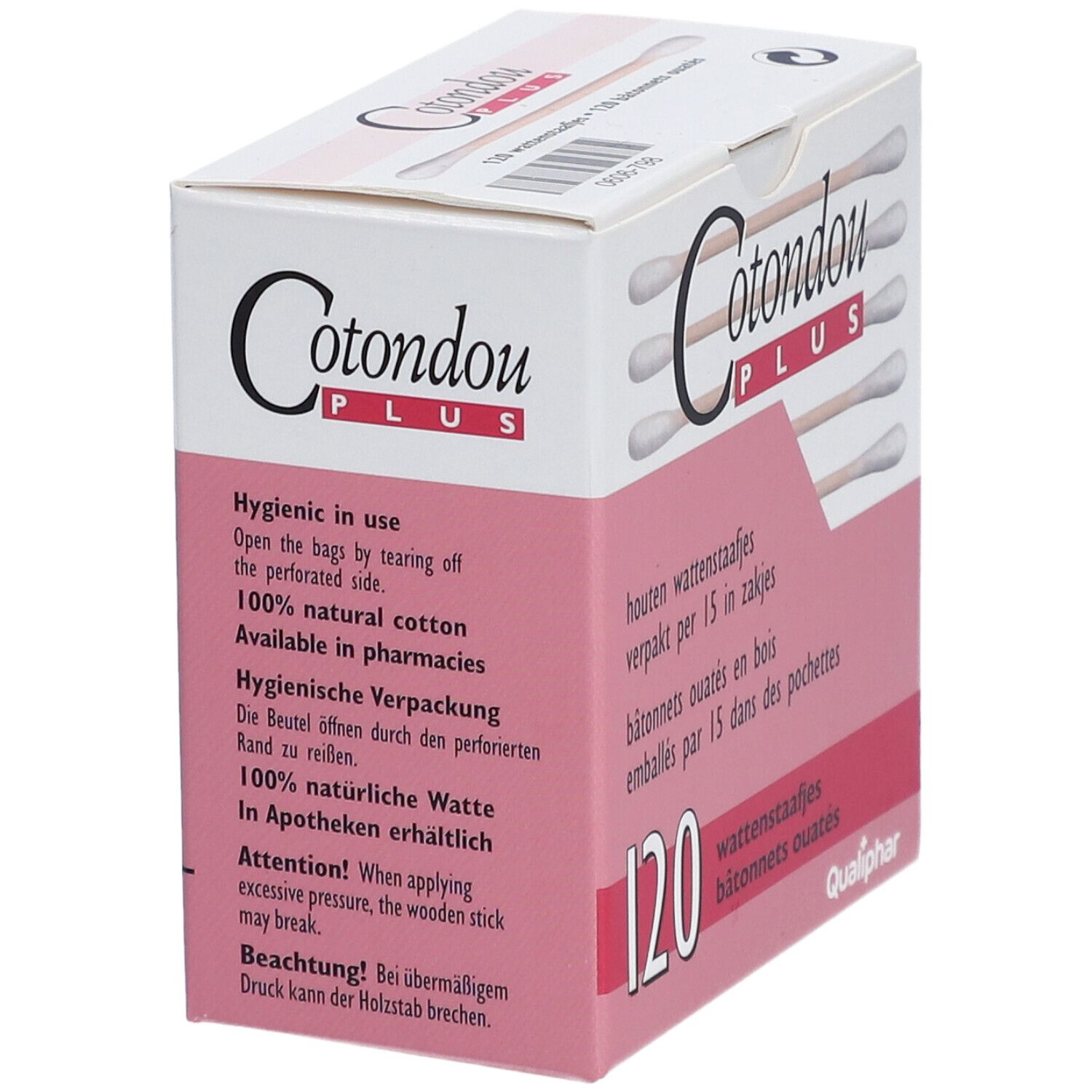 Verpackung von Cotondou PLUS Wattestäbchen. 120 Stück. Holzstäbchen mit Watte. Text auf der Verpackung.