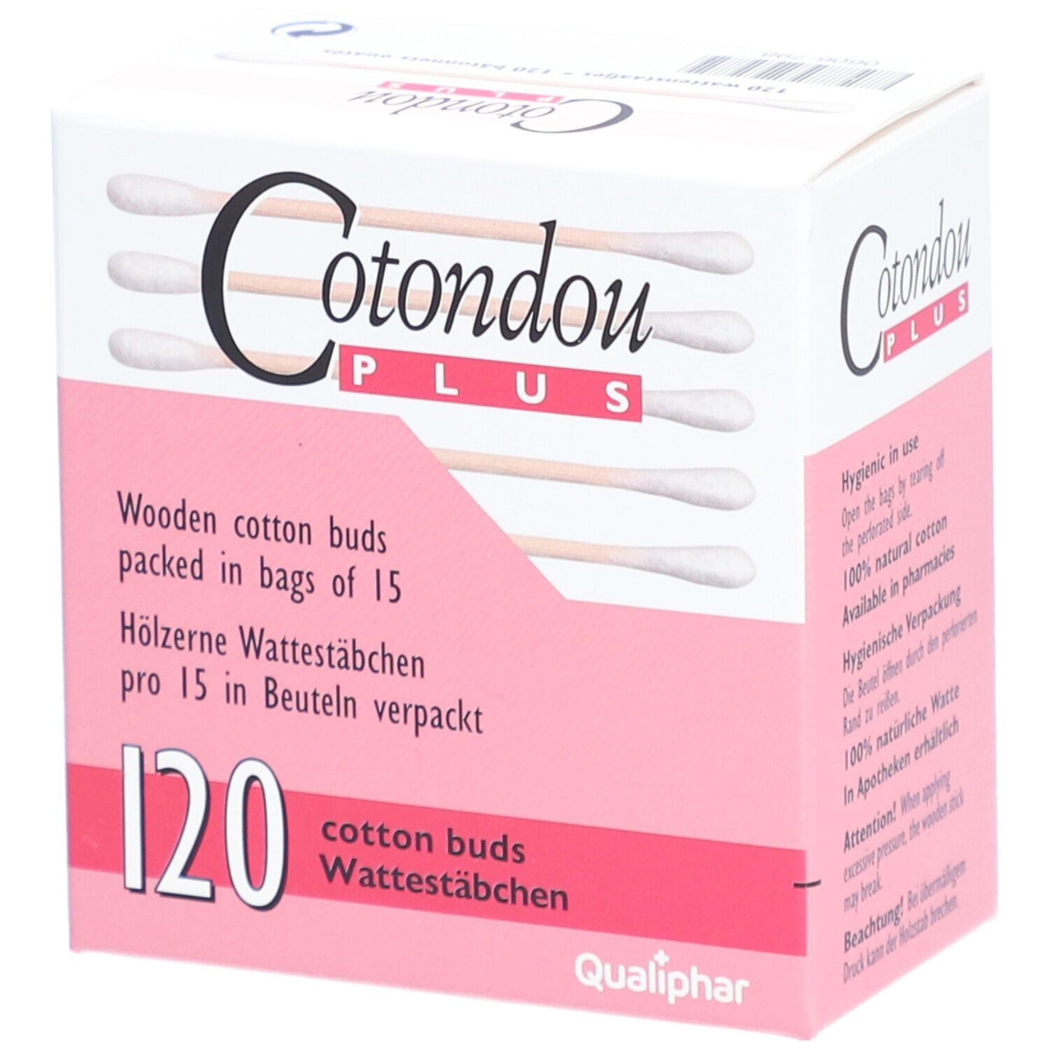 Verpackung von Cotondou PLUS Wattestäbchen. 120 Stück. Holzstäbchen mit Watte. Text auf der Verpackung.
