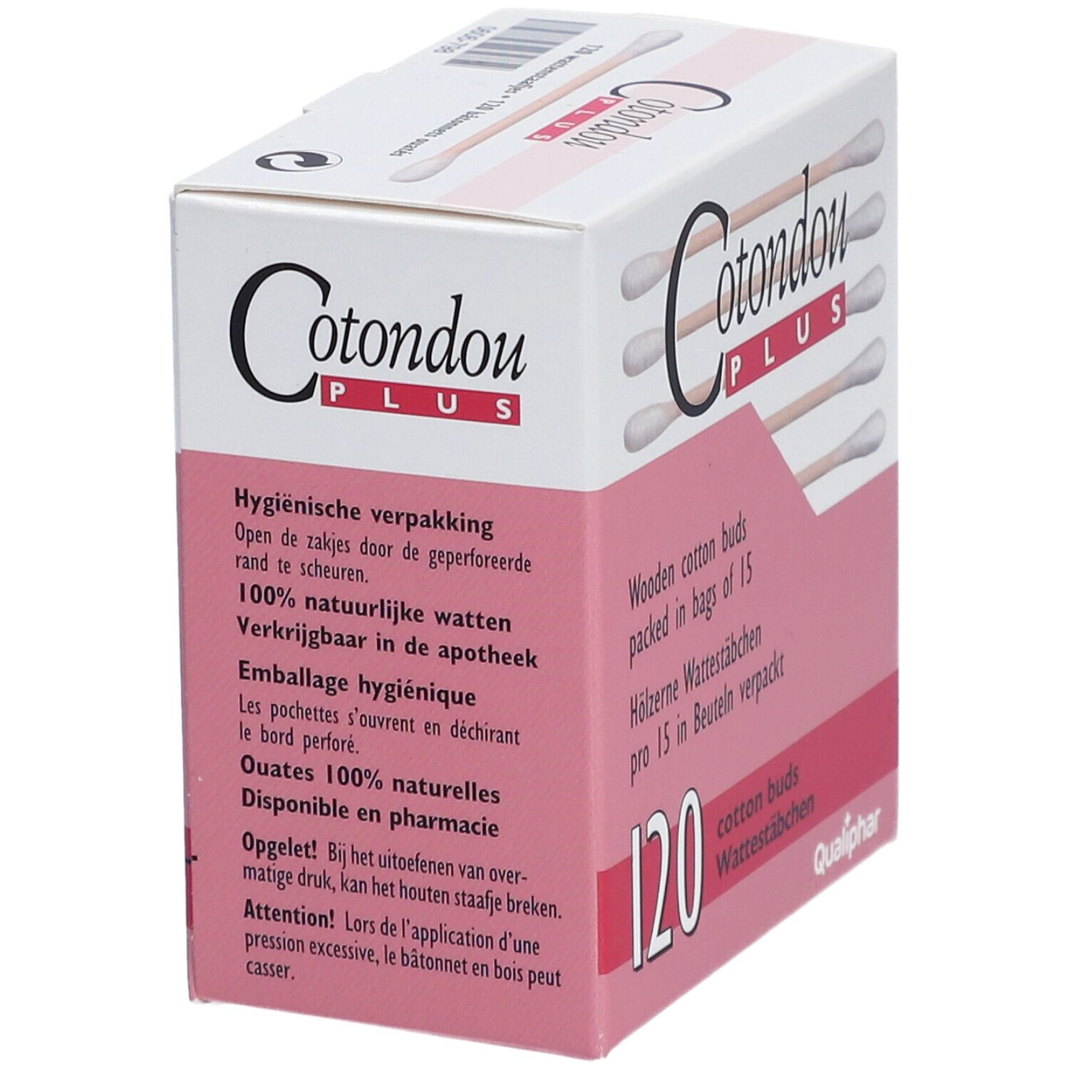 Verpackung von Cotondou PLUS Wattestäbchen. 120 Stück. Holzstäbchen mit Watte. Text auf der Verpackung.