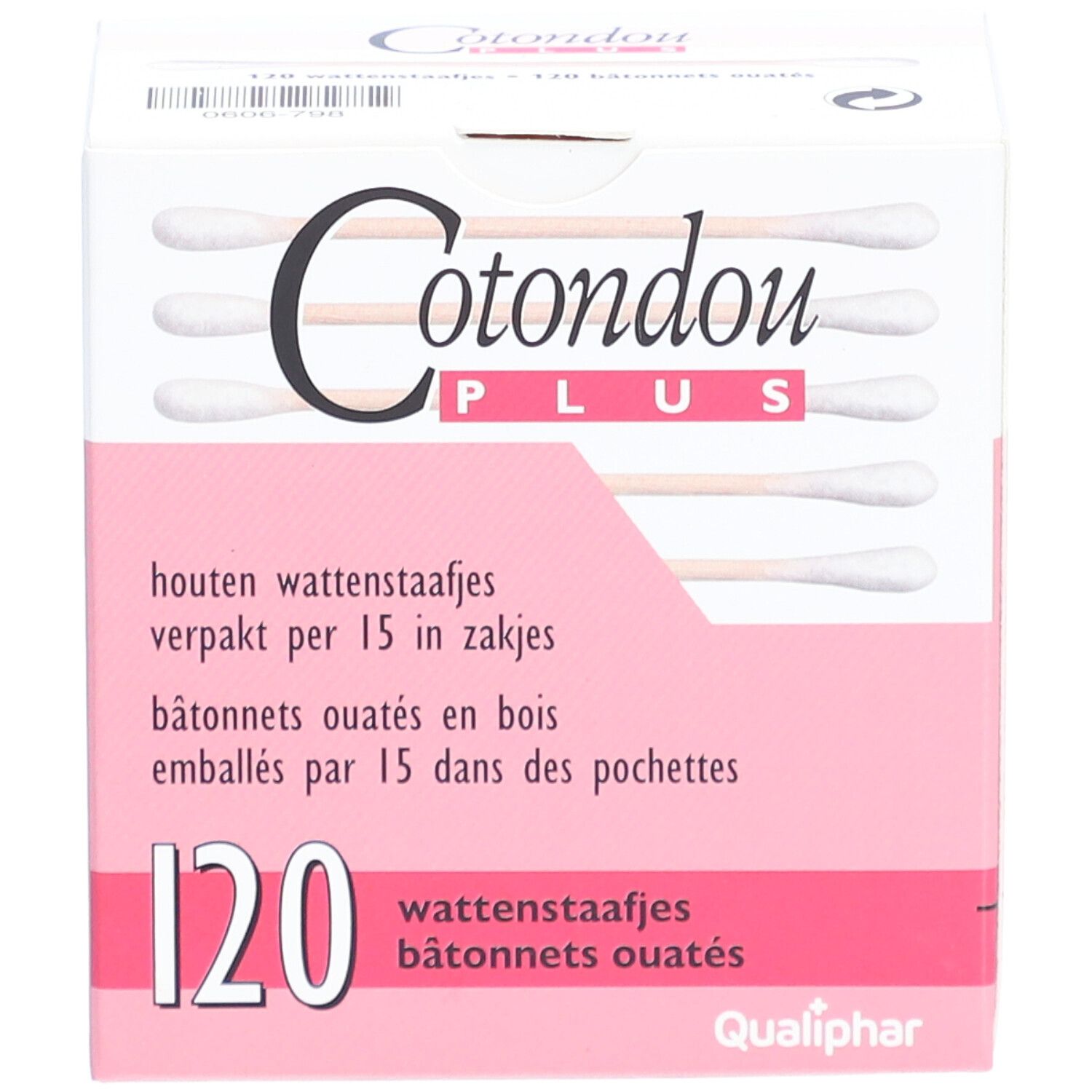 Verpackung von Cotondou PLUS Wattestäbchen. 120 Stück. Holzstäbchen mit Watte. Verpackt in Beuteln.
