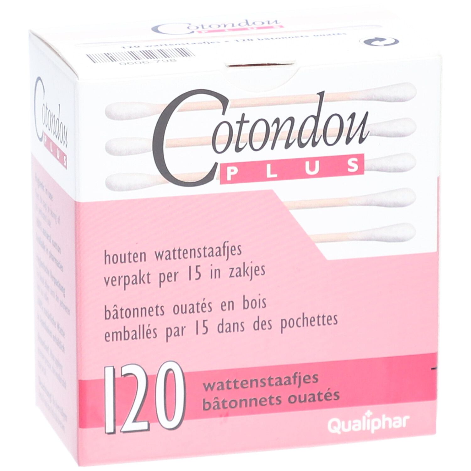 Verpackung von Cotondou PLUS Wattestäbchen. 120 Stück. Holzstäbchen mit Watte. Verpackt in Beuteln.