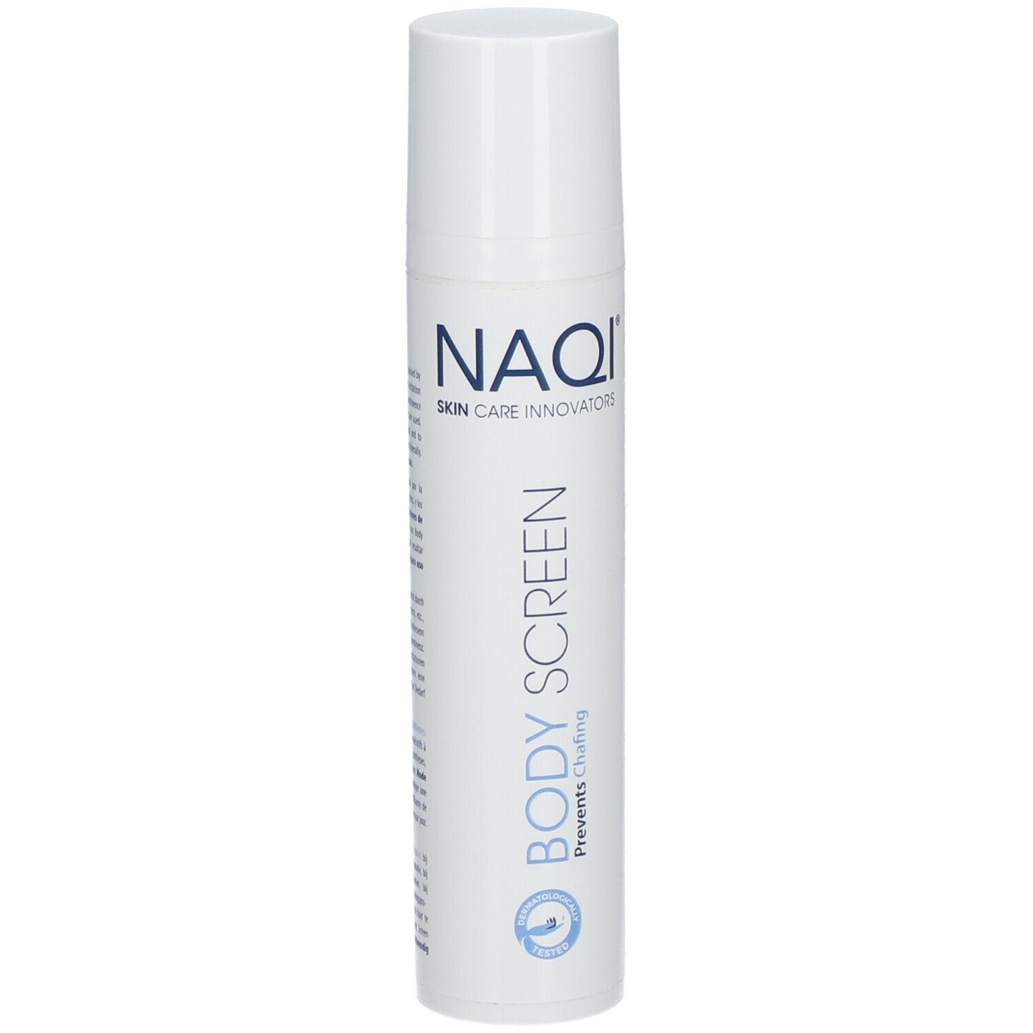 Flacon blanc avec impression NAQI et BODY SCREEN. Prévient les frottements. Logo bleu.