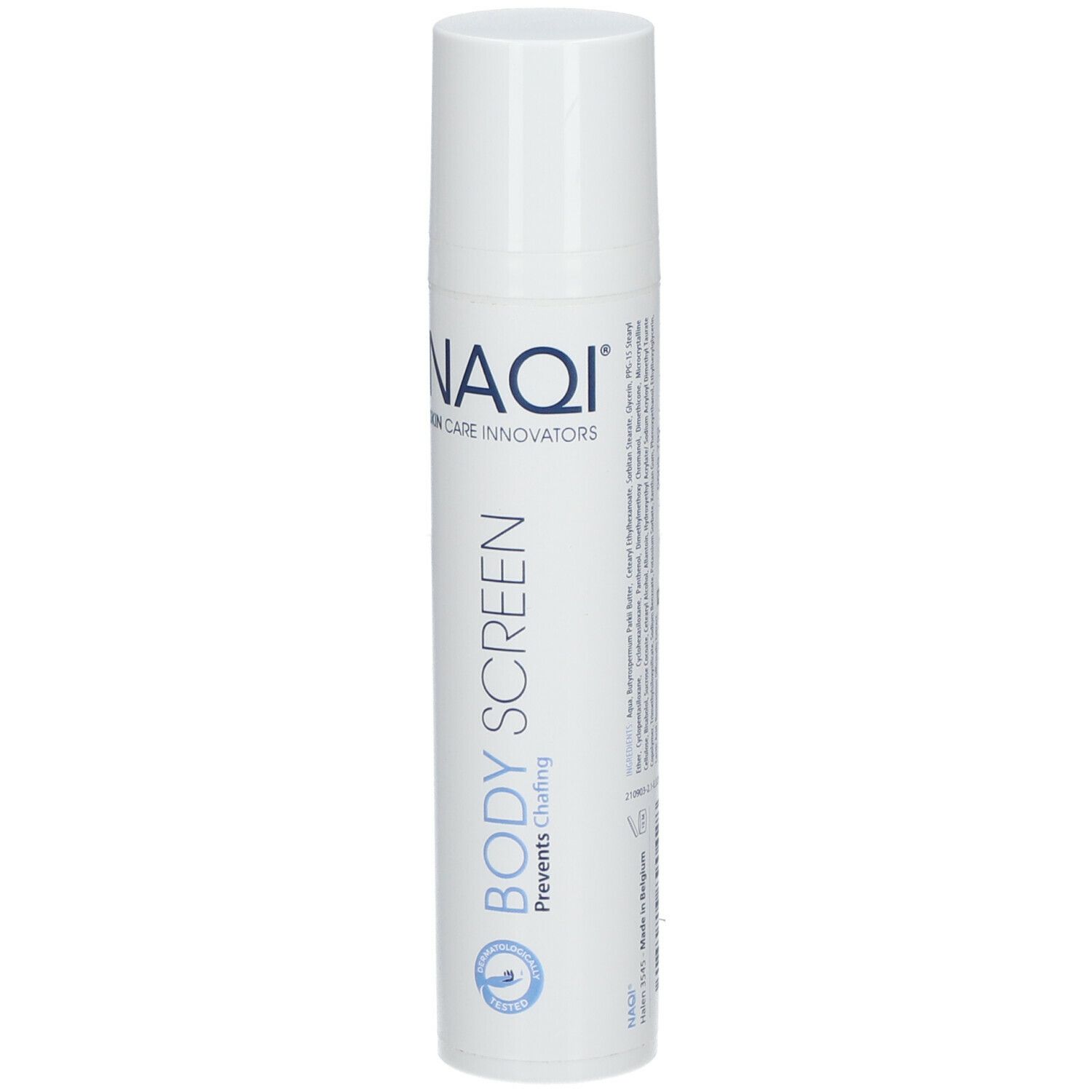 Flacon blanc avec impression NAQI et BODY SCREEN. Prévient les frottements. Logo bleu.