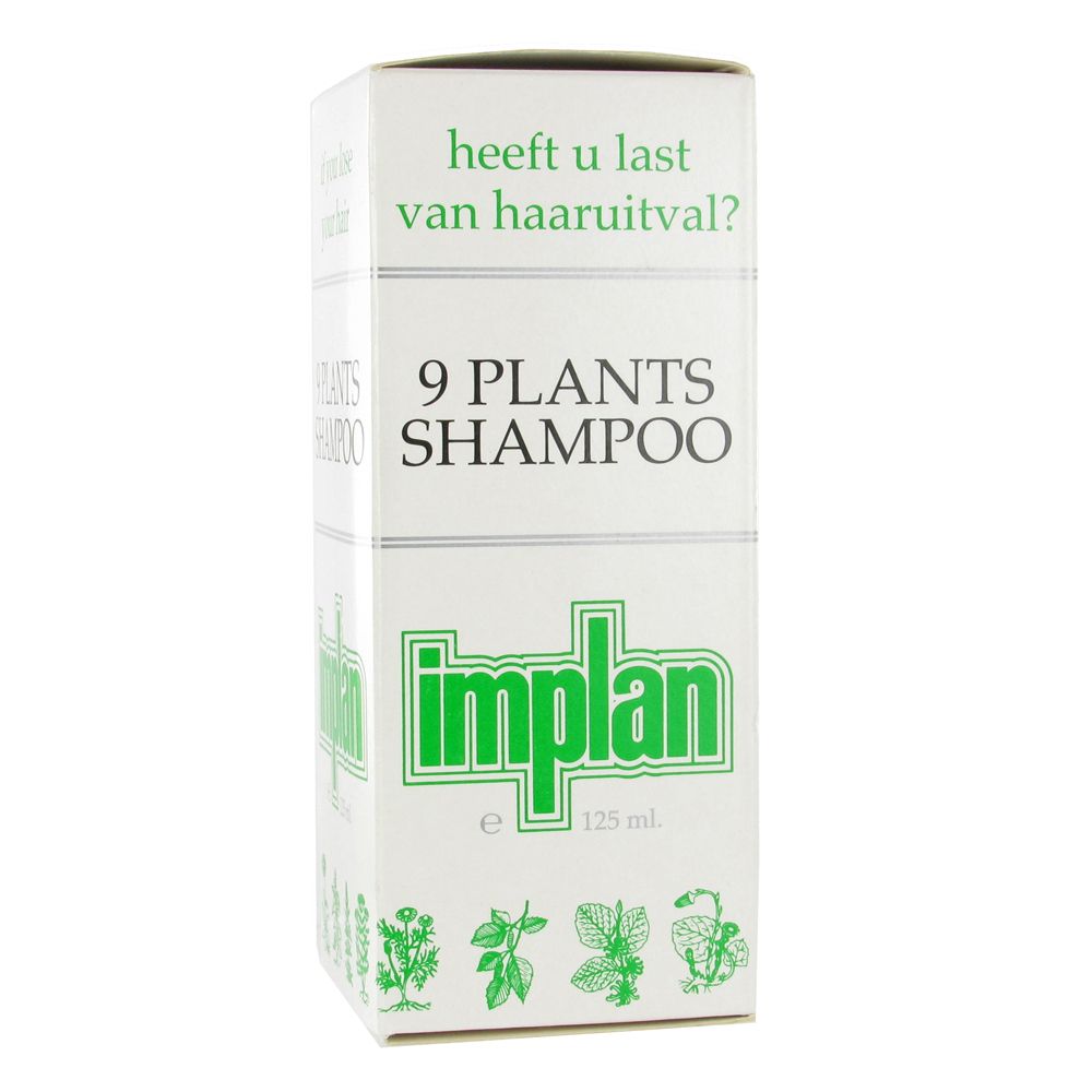 Witte doos met groen "Implan 9 Plants Shampoo" logo. Tekst: "heeft u last van haaruitval?" en "9 PLANTS SHAMPOO".