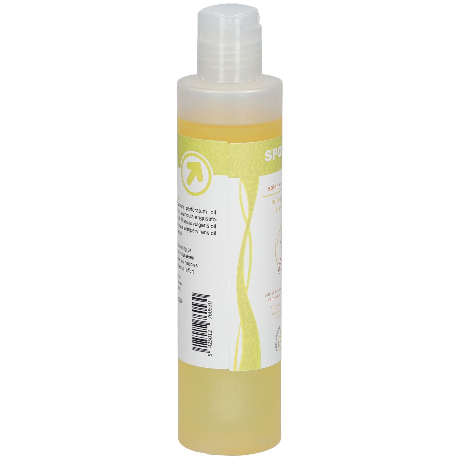 Rückseite der Sport Öl Flasche. Etikett mit Inhaltsstoffen und Barcode. Transparente Flasche mit gelber Flüssigkeit.