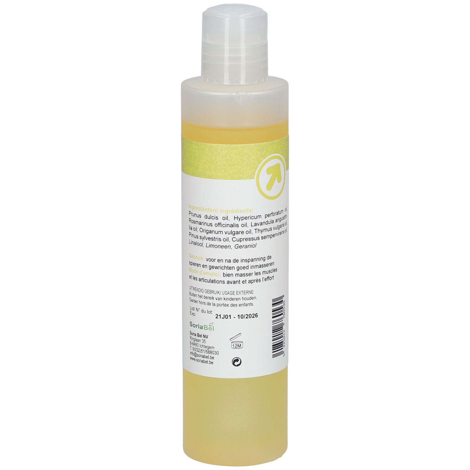 Detailansicht der Sport Öl Flasche. Etikett mit Inhaltsstoffen und Verfallsdatum. Transparente Flasche mit gelber Flüssigkeit.