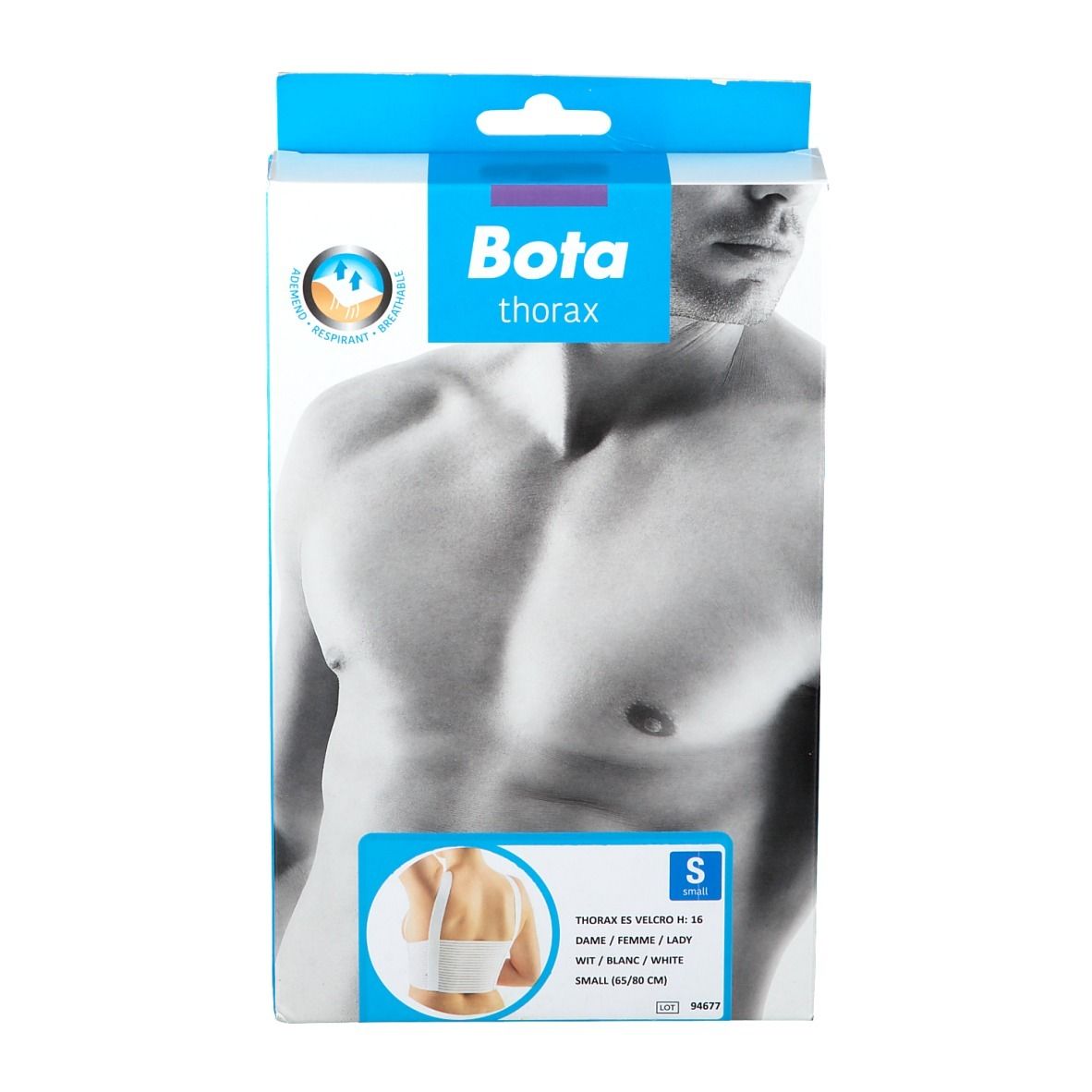 Boîte Bota thorax. Bande thoracique blanche, taille S. Inscription : Bota, informations produit.