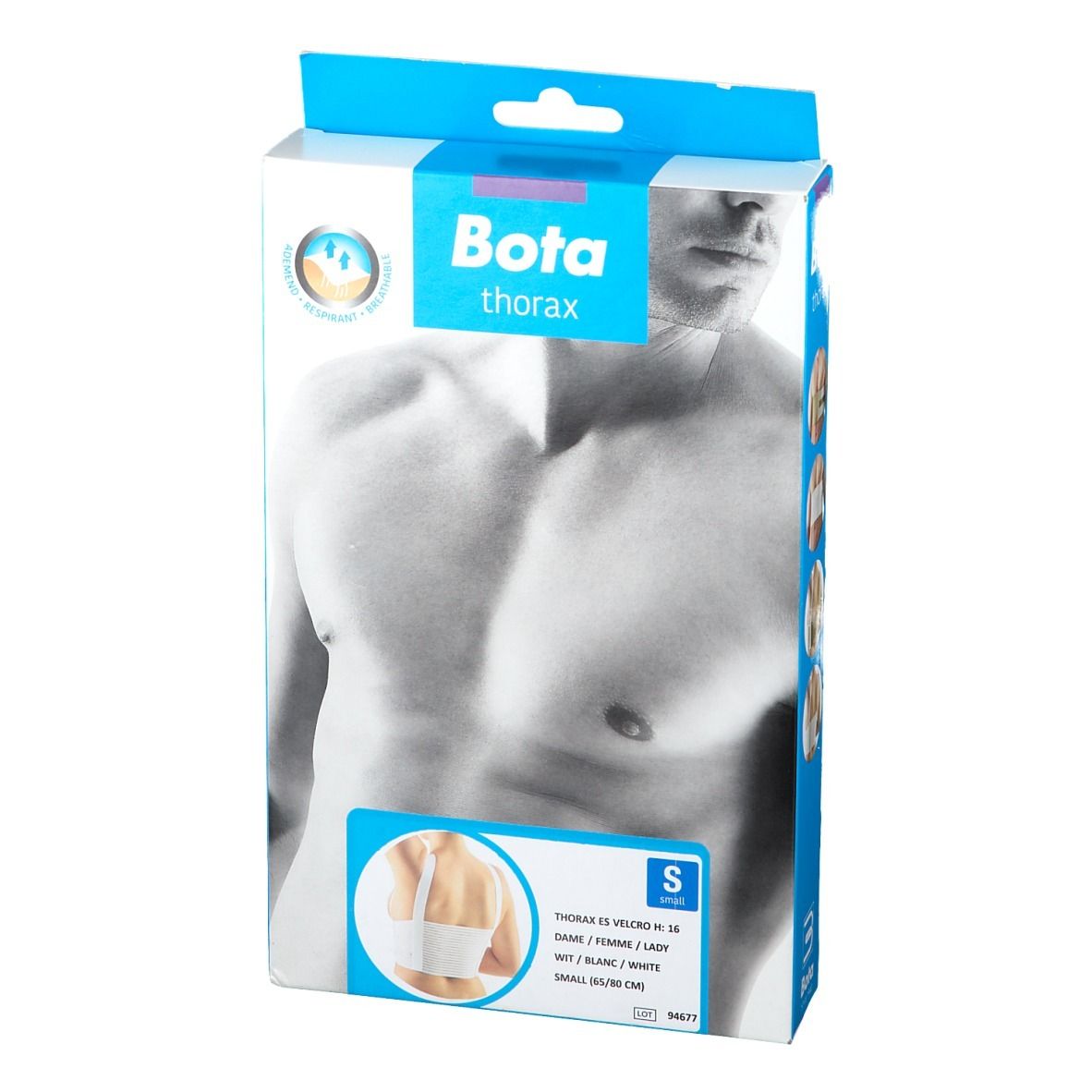 Boîte Bota thorax. Bande thoracique blanche, taille S. Inscription : Bota, informations produit.