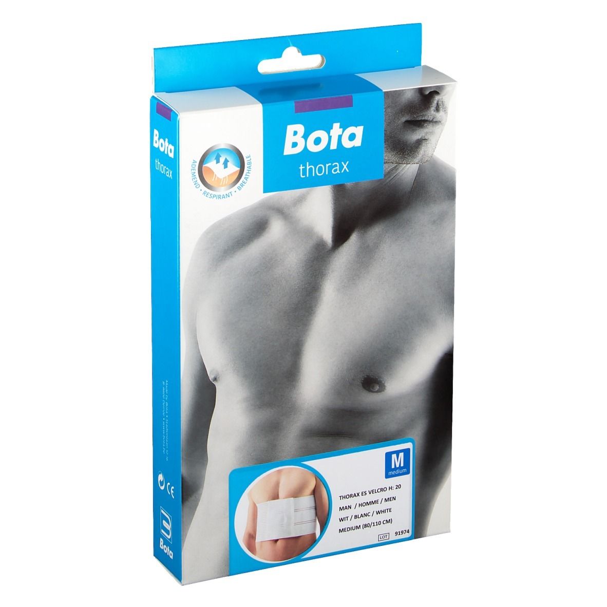 Verpackung Bota Thoraxgurt ES Herren. Weißes Produkt auf der Verpackung abgebildet. Größe M, 80-110 cm.