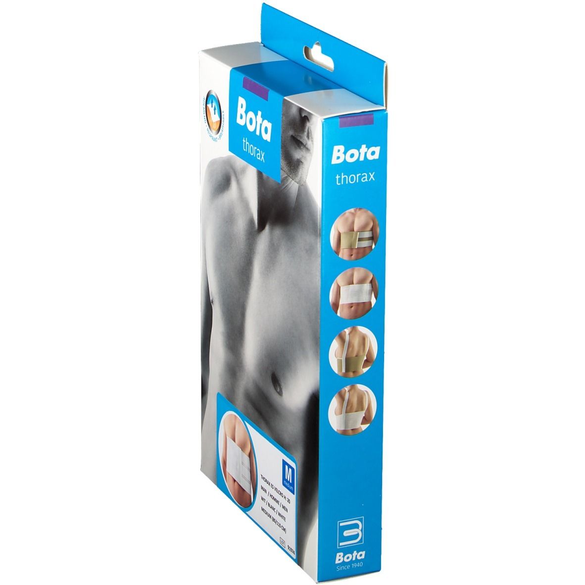Bota Thoraxgurt Verpackung, Seitenansicht. Produktabbildungen und Größenangaben. Größe M, 80-110 cm.