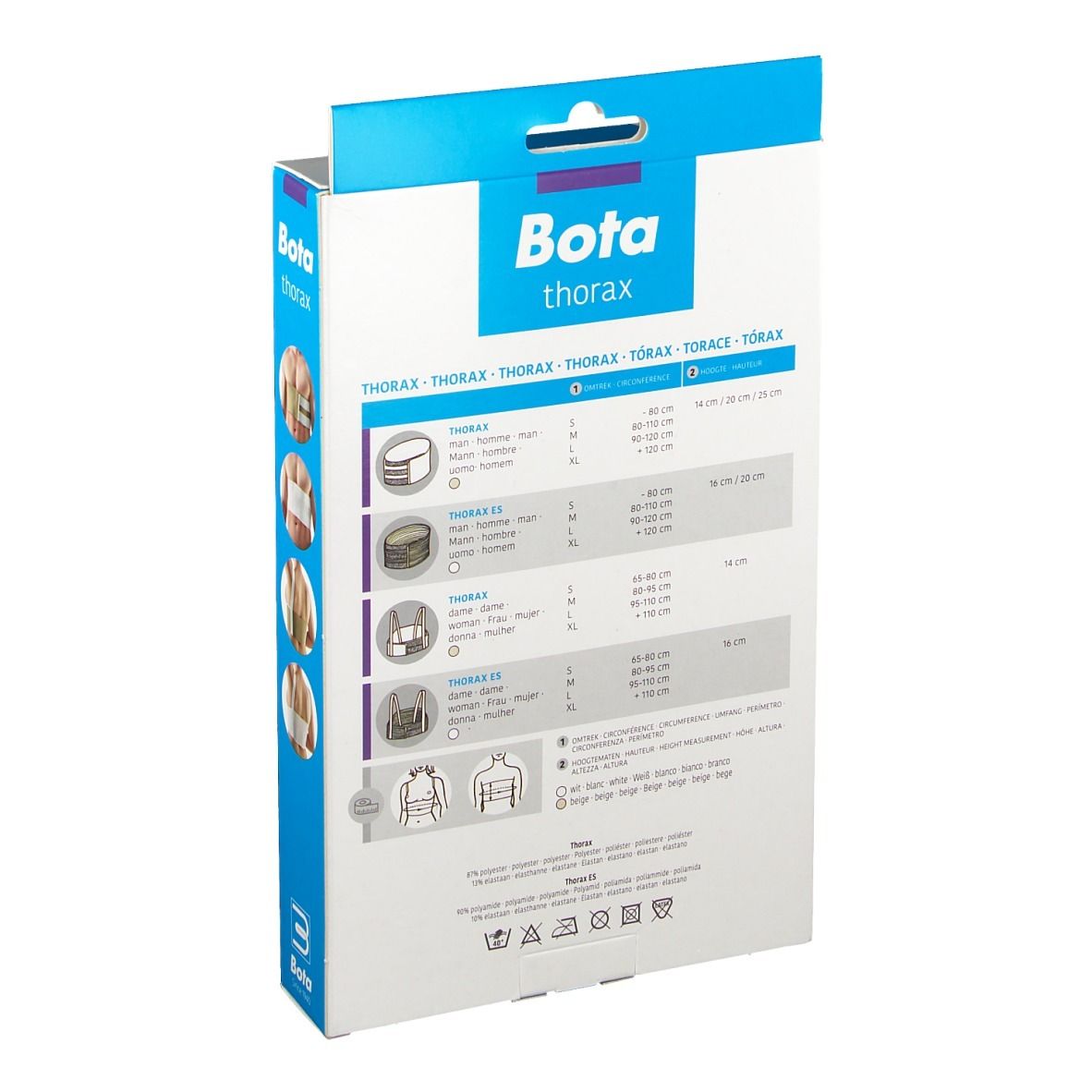 Rückseite der Bota Thoraxgurt Verpackung. Größenangaben und Produktabbildungen. Größe M, 80-110 cm.