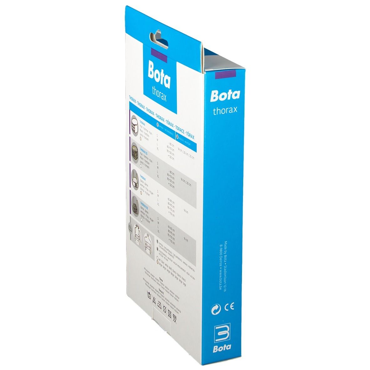 Seitenansicht der Bota Thoraxgurt Verpackung. Größenangaben und Produktabbildungen. Größe M, 80-110 cm.