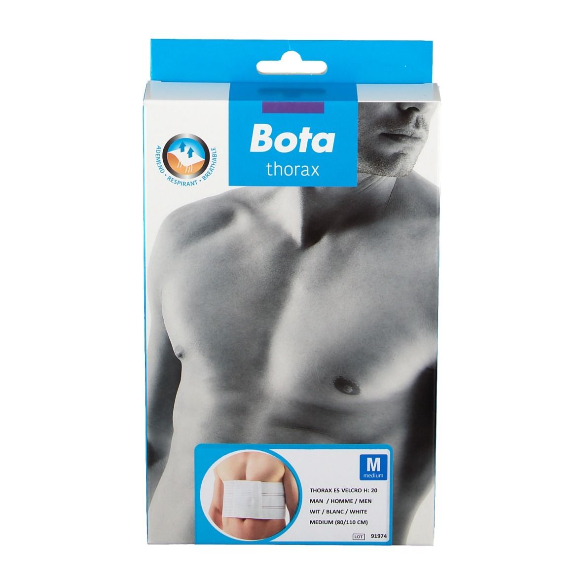 Bota Thoraxgurt Verpackung, Vorderansicht. Weißes Produkt abgebildet. Größe M, 80-110 cm.