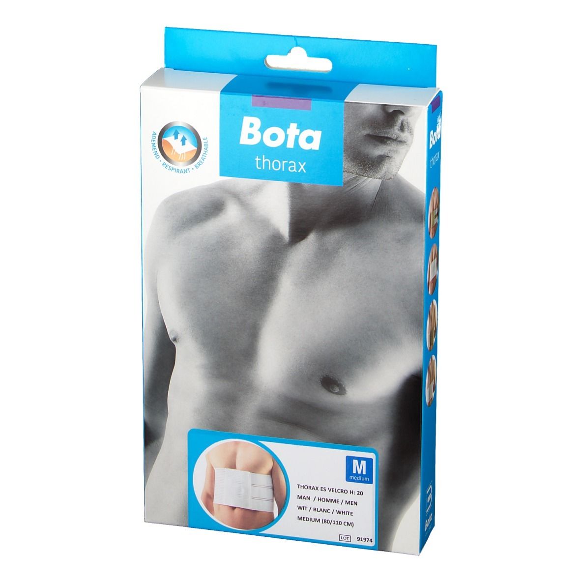 Bota Thoraxgurt Verpackung, Vorderansicht. Weißes Produkt abgebildet. Größe M, 80-110 cm.