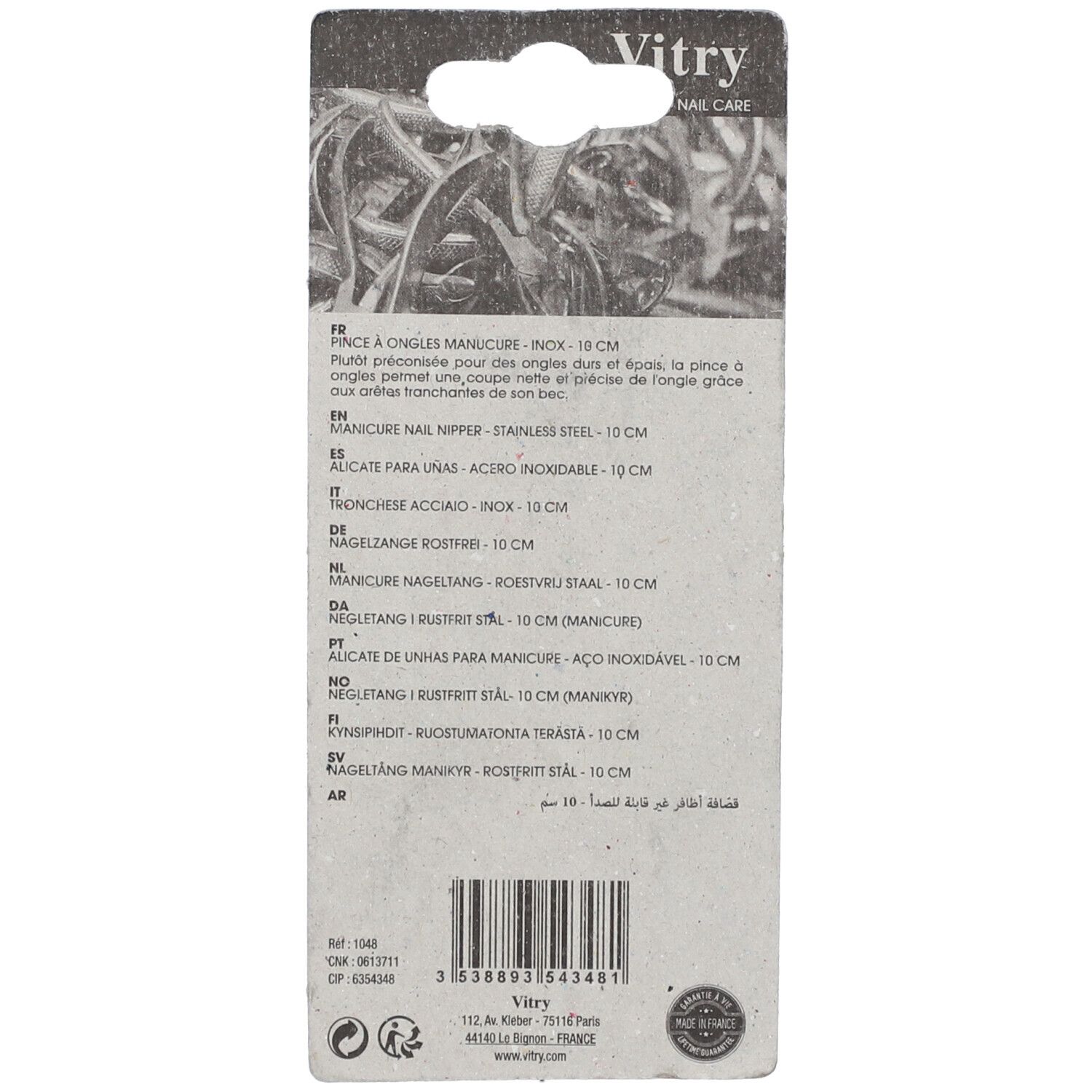 Rückseite der Verpackung. Text in mehreren Sprachen. Marke Vitry. Produktbezeichnung und Barcode.