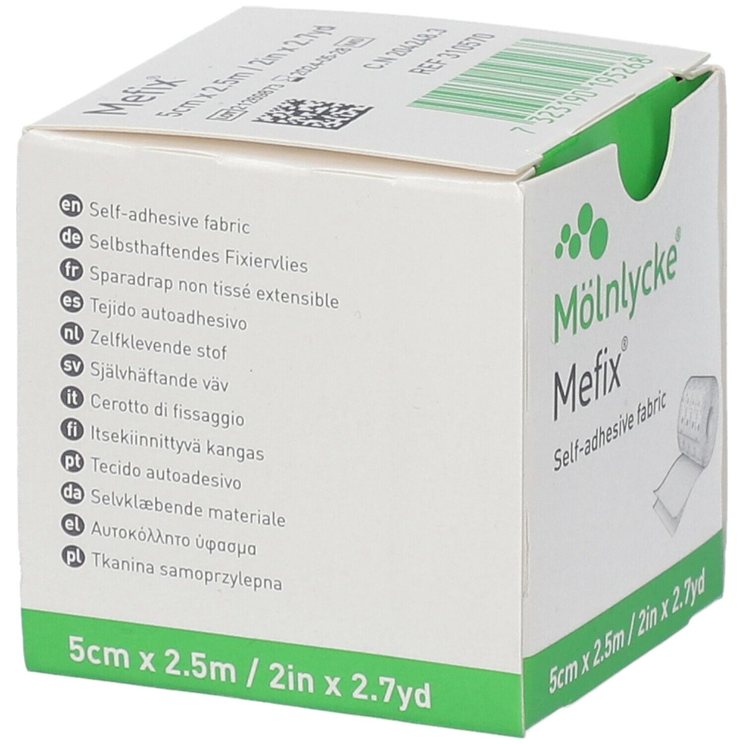 Boîte de Mefix, tissu auto-adhésif. Dimensions : 5cm x 2,5m. Liste multilingue sur l'emballage.