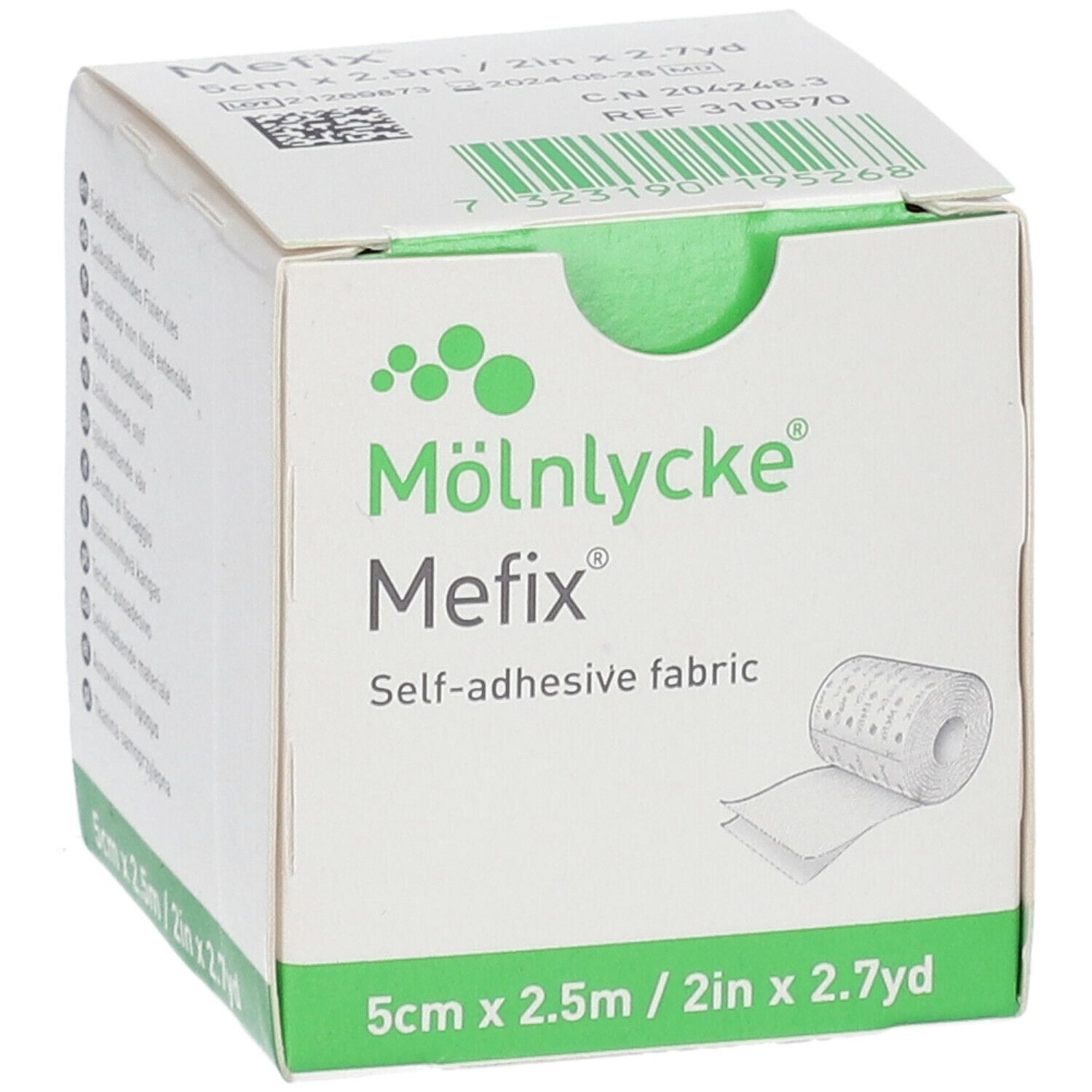 Boîte de Mefix, tissu auto-adhésif. Dimensions : 5cm x 2,5m. Boîte verte et blanche avec image du produit.