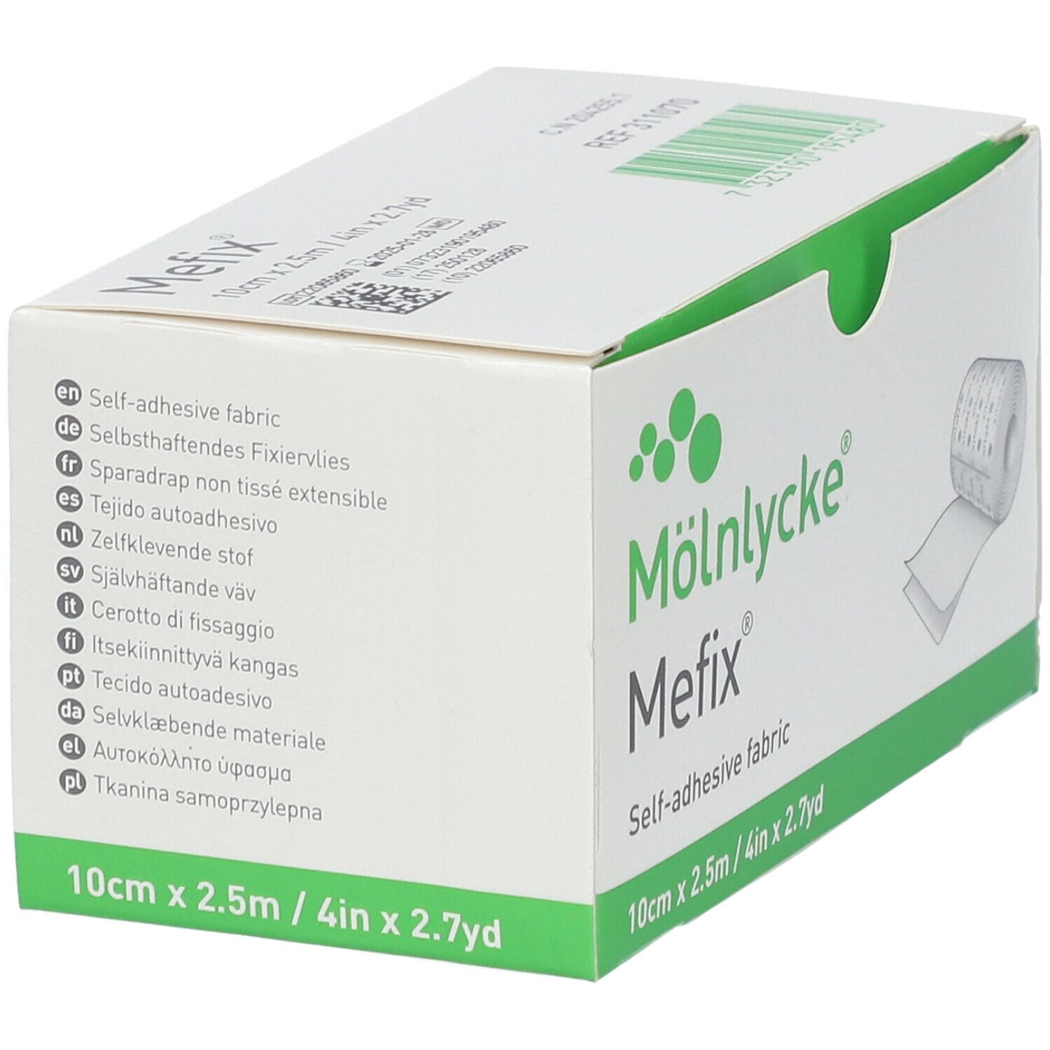 Doos Mefix fixatieweefsel. Afmeting: 10cm x 2,5m. Meertalige productaanduidingen.