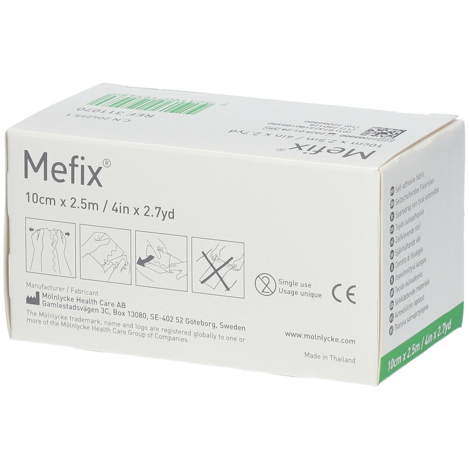 Doos Mefix fixatieweefsel. Afmeting: 10cm x 2,5m. Pictogrammen: eenmalig gebruik, CE-markering.