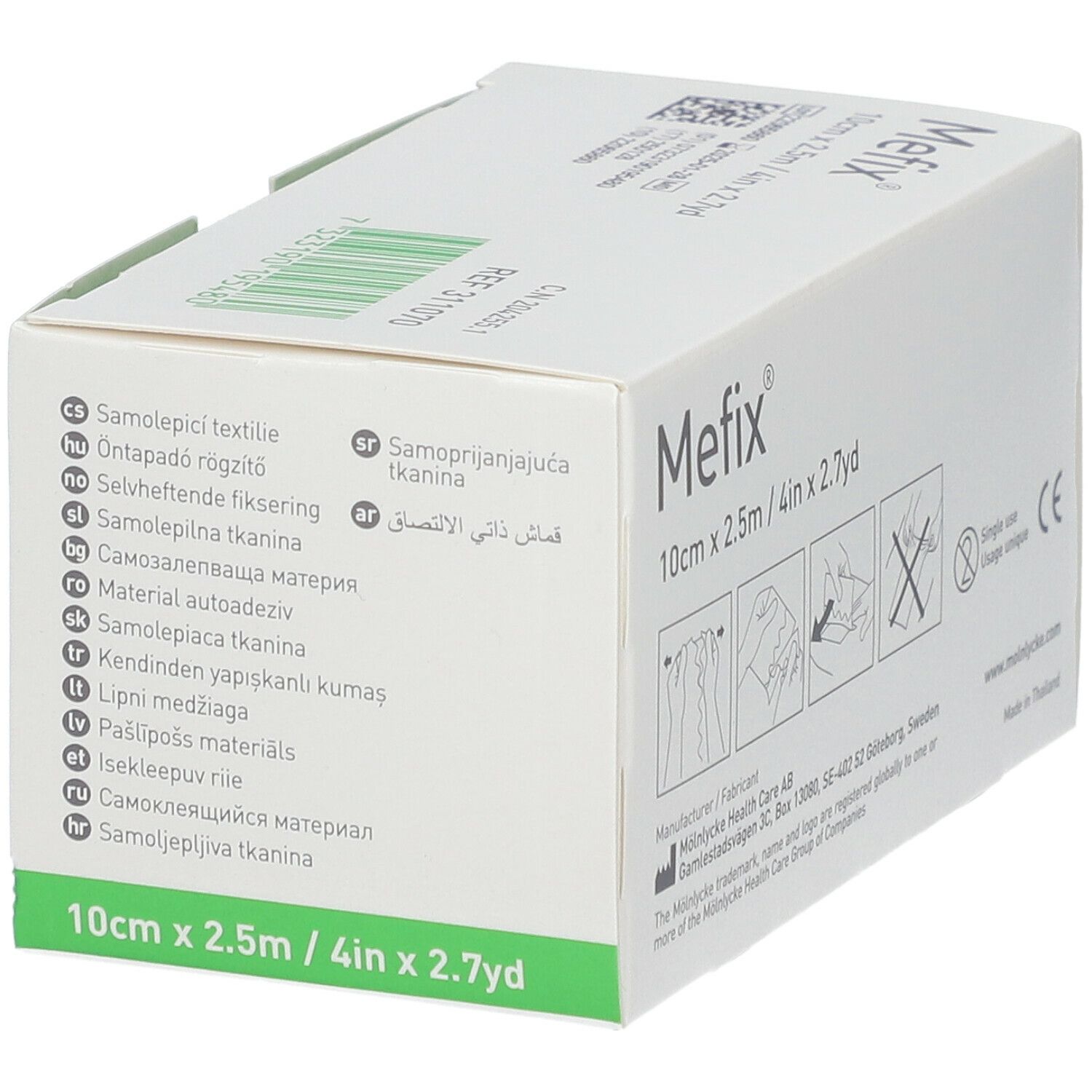 Doos Mefix fixatieweefsel. Afmeting: 10cm x 2,5m. Pictogrammen en meertalige teksten.
