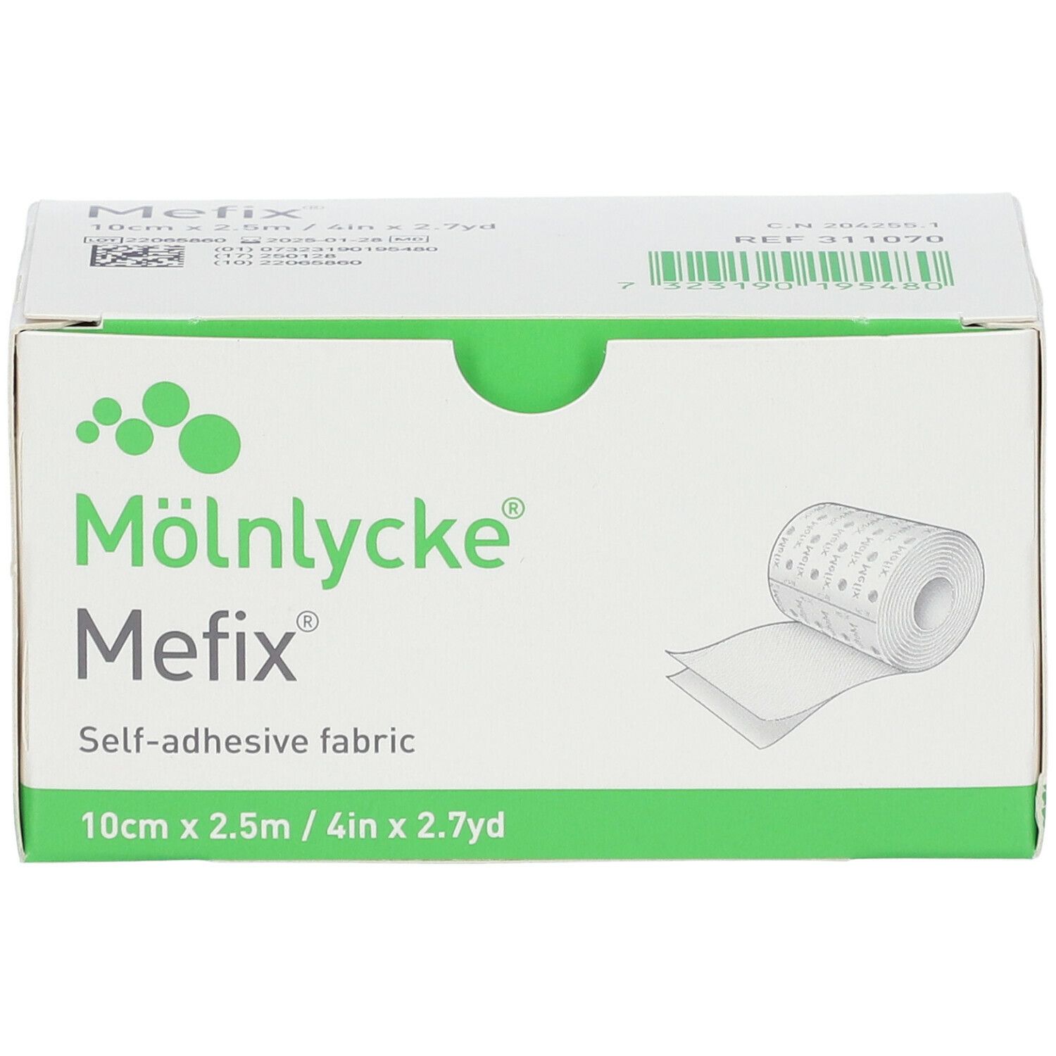 Doos Mefix fixatieweefsel. Afmeting: 10cm x 2,5m. Rol zelfklevend weefsel afgebeeld.