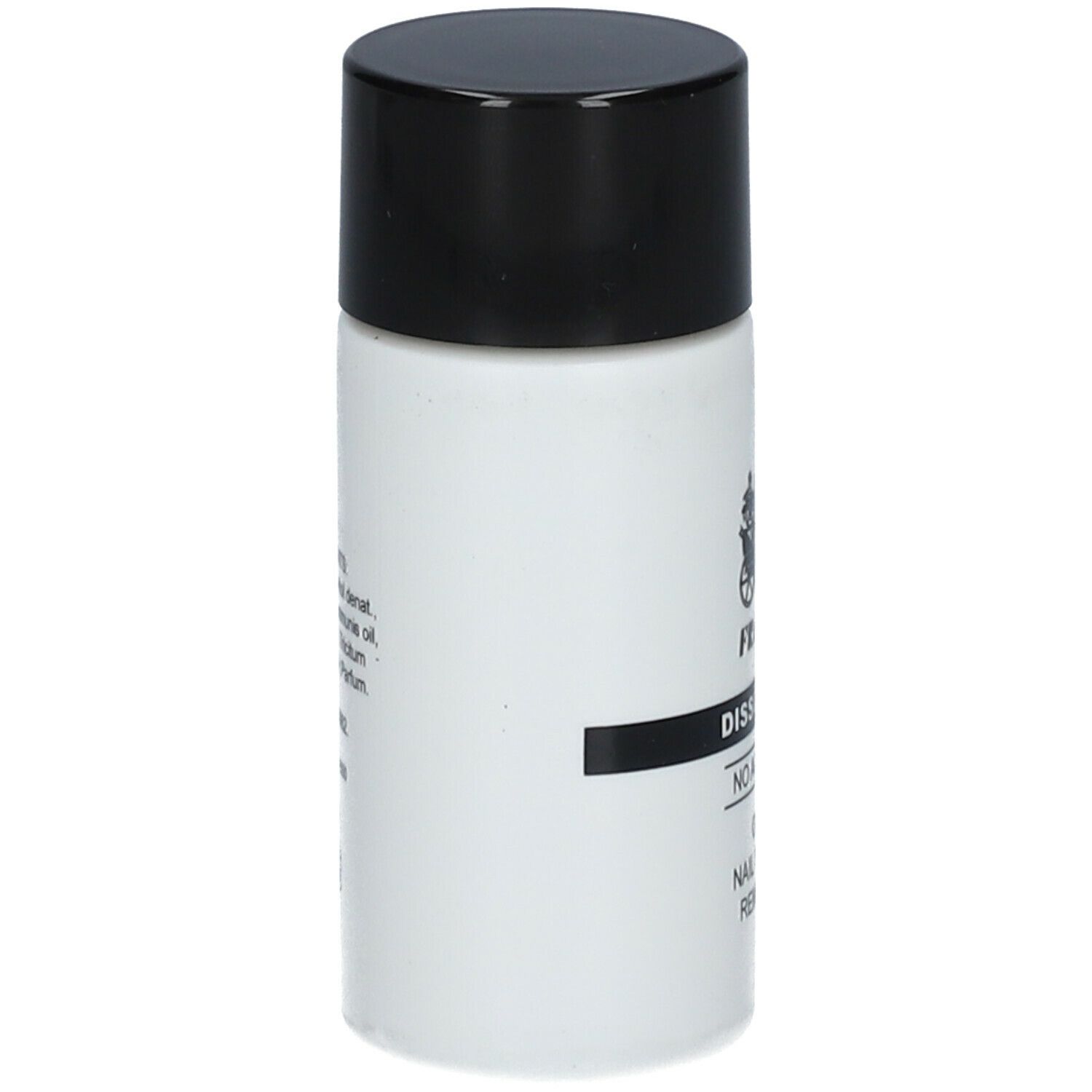 Flacon blanc à bouchon noir. Texte sur le côté: FRAVER, Dissolvant, No Acetone, Oily Nail Polish Remover.