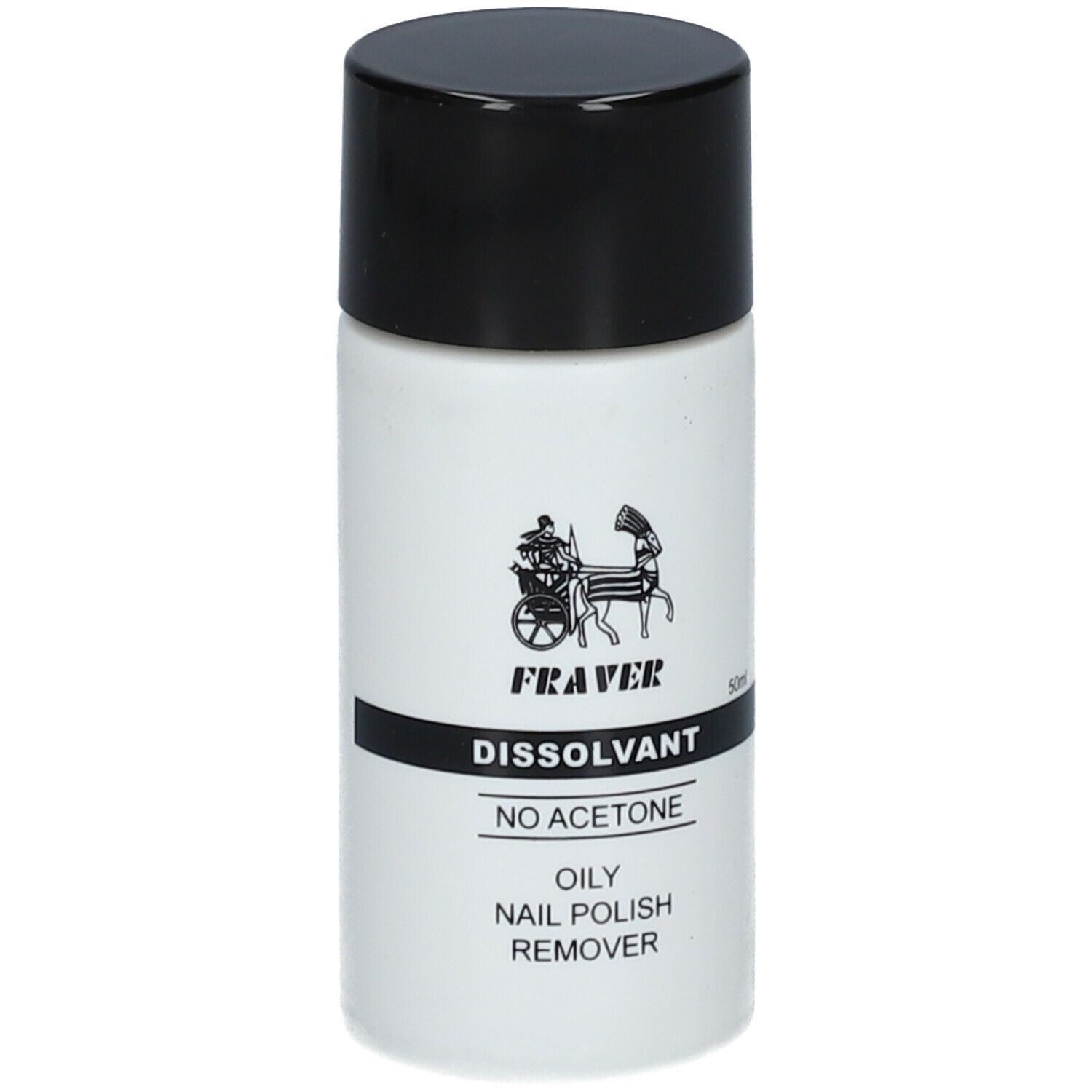 Flacon blanc à bouchon noir. Inscriptions: FRAVER, Dissolvant, No Acetone, Oily Nail Polish Remover. 50ml.