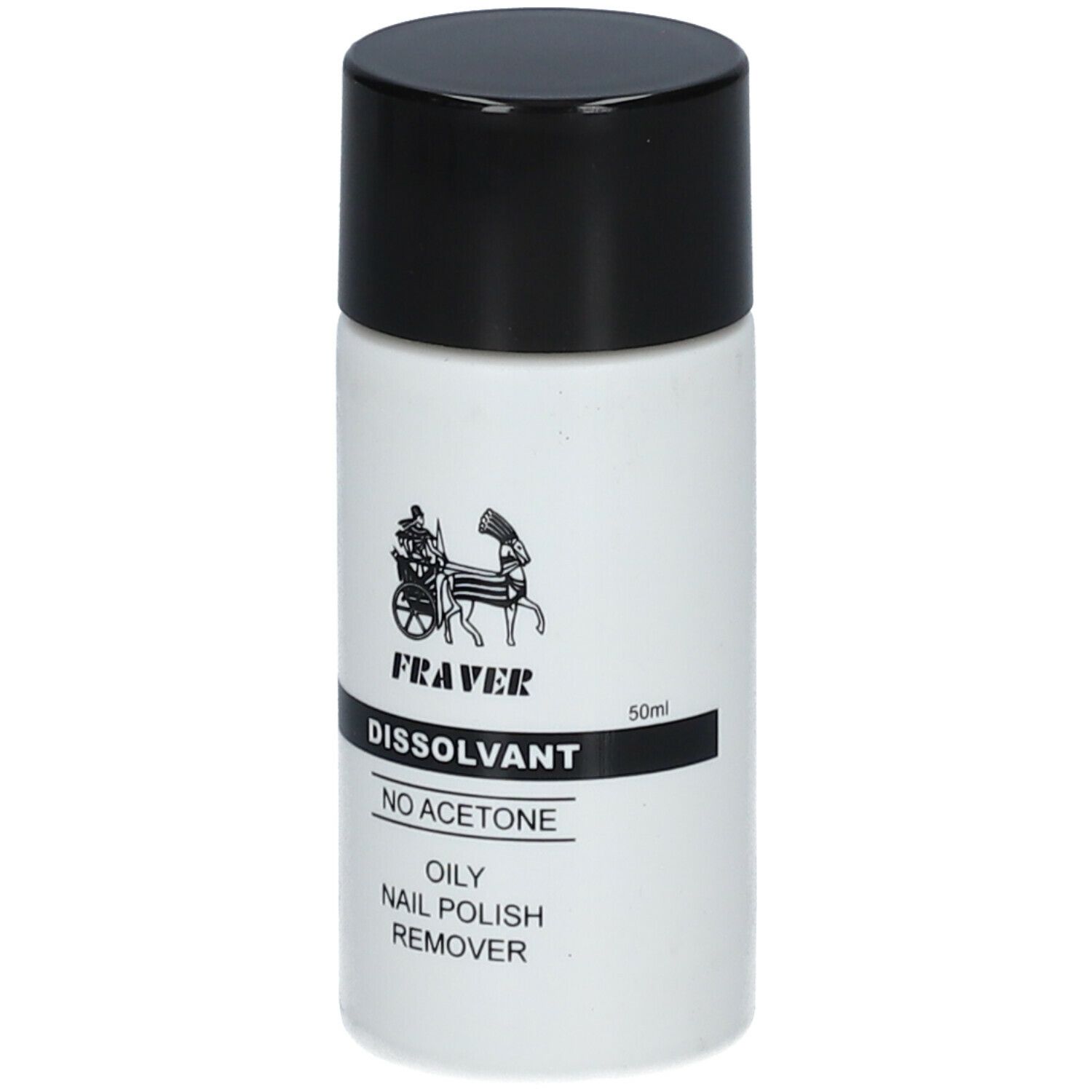 Flacon blanc à bouchon noir. Inscriptions: FRAVER, Dissolvant, No Acetone, Oily Nail Polish Remover. 50ml.