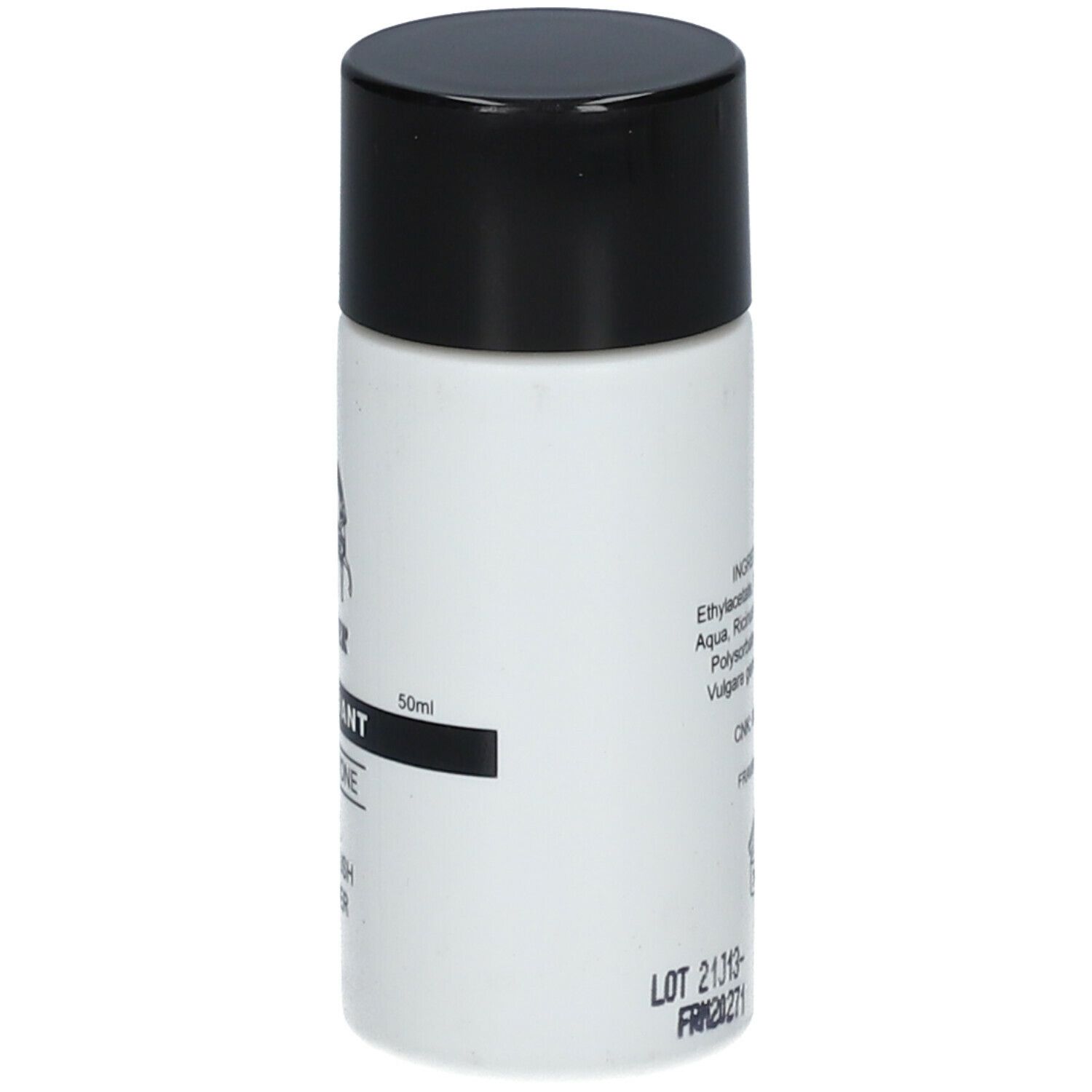 Flacon blanc à bouchon noir. Inscriptions: FRAVER, Dissolvant, No Acetone, Oily Nail Polish Remover. 50ml.