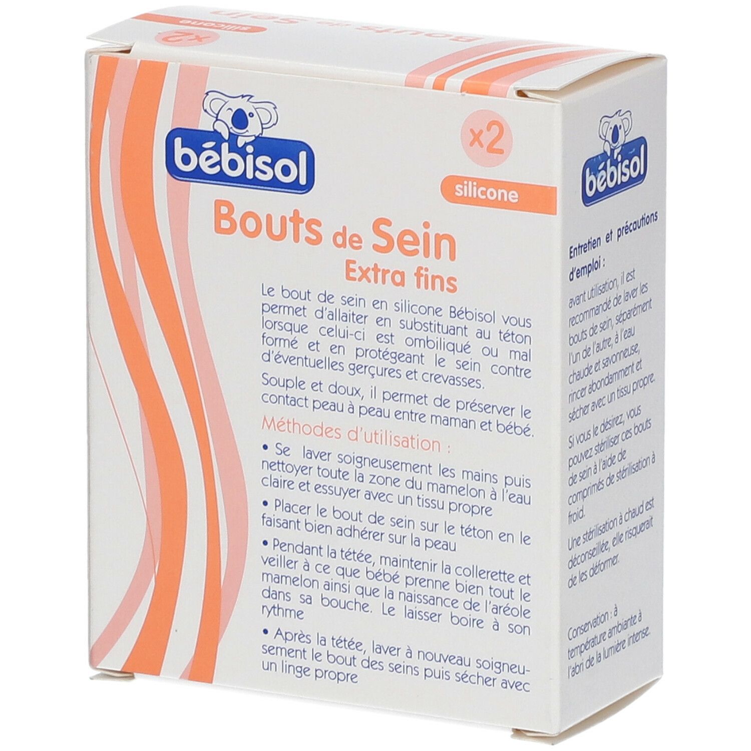 Verpakking met twee siliconen tepelbeschermers. Opschrift: Bouts de Sein Extra fins. Merk: bébisol. Tekst over gebruik.