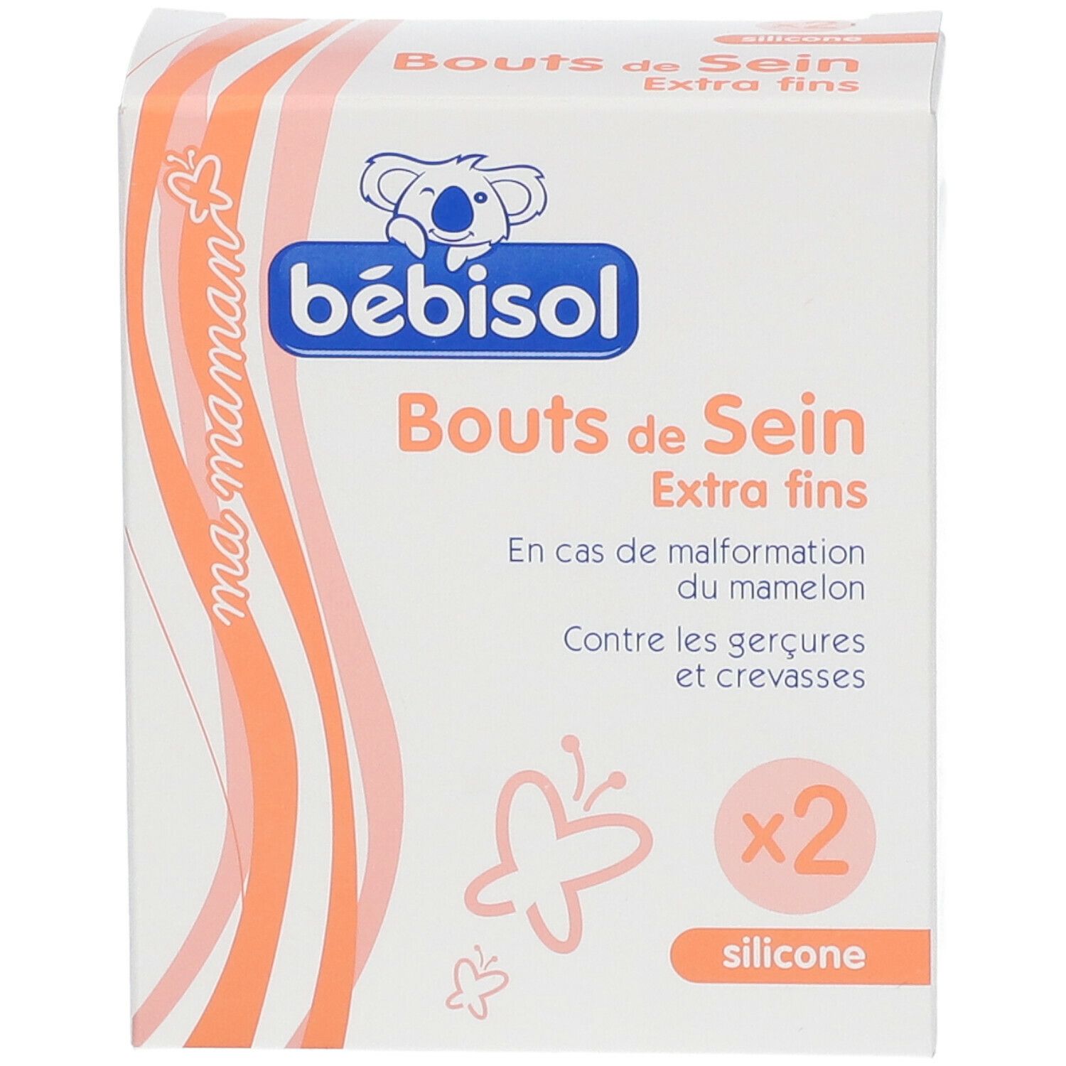 Verpakking met twee siliconen tepelbeschermers. Opschrift: Bouts de Sein Extra fins. Merk: bébisol.
