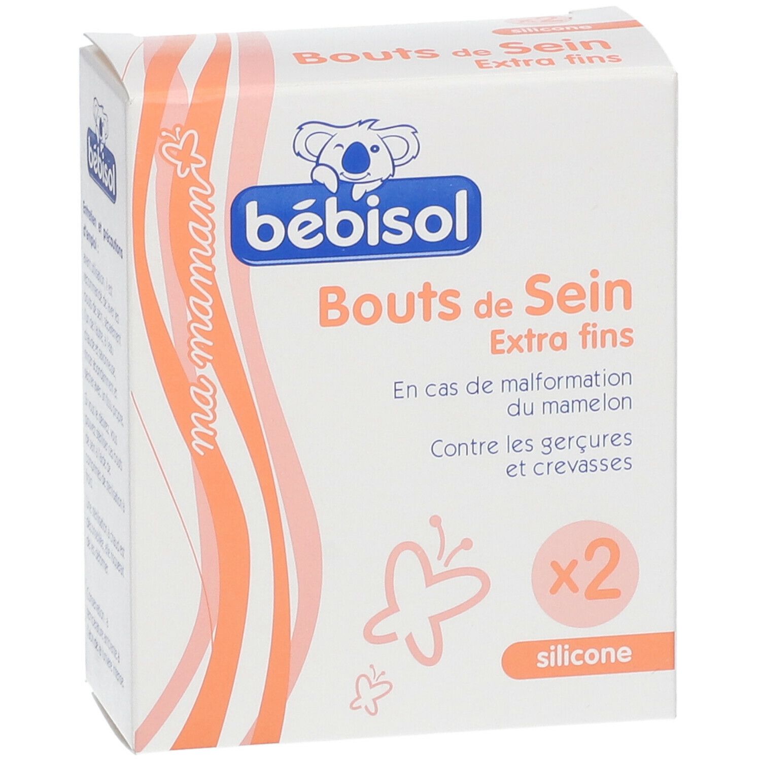 Verpakking met twee siliconen tepelbeschermers. Opschrift: Bouts de Sein Extra fins. Merk: bébisol.